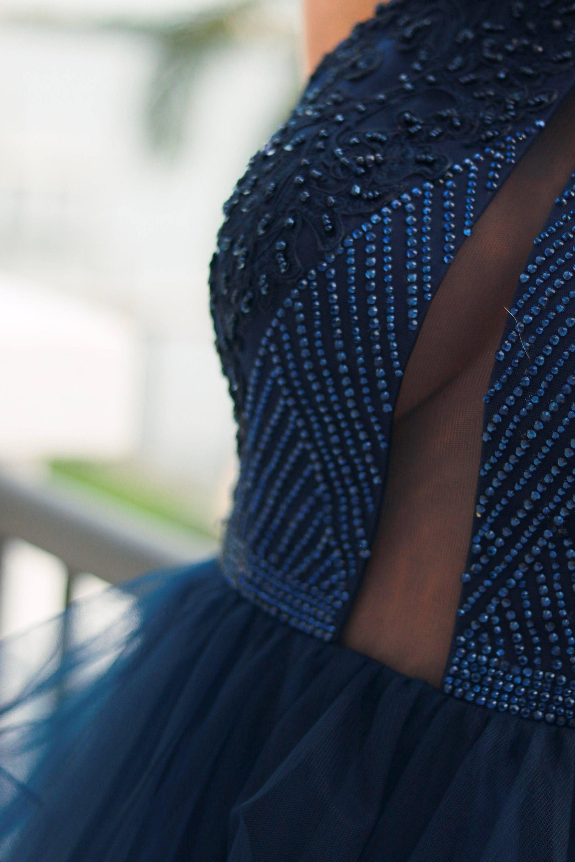 Navy Blue Halter Dress – Mesh Bodice with Tulle Skirt - prom dress