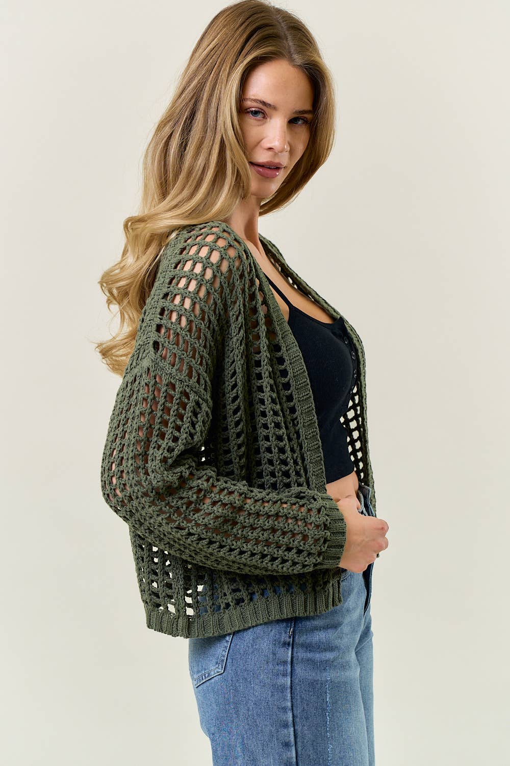 CROCHET FISHNET CROPPED OPEN CARDIGAN