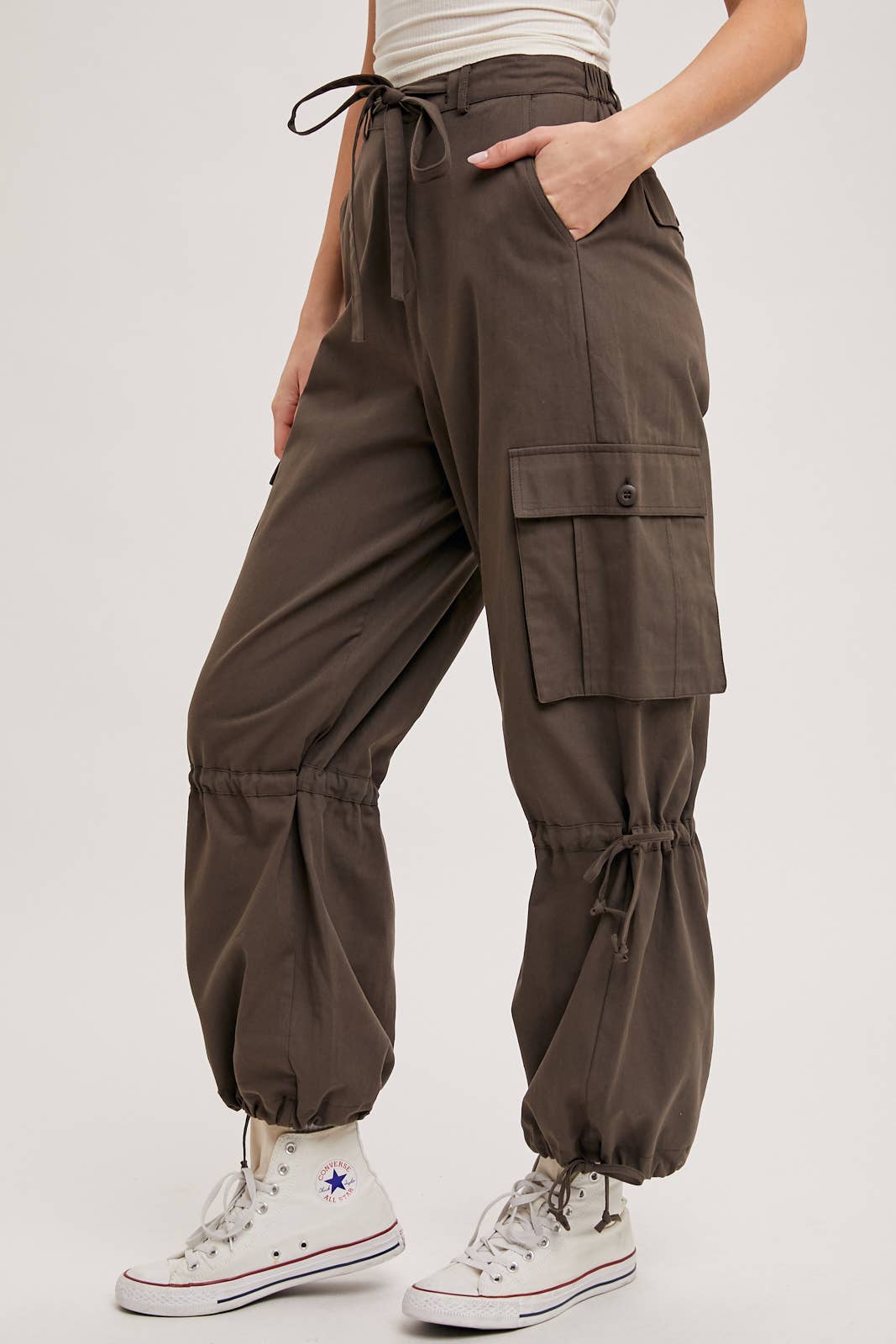 High-Rise Drawstring Cargo Wide Leg Pants