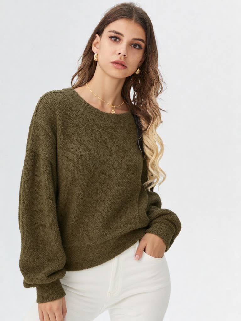 NT11338-Round Neck Textured Knit Oversized Top