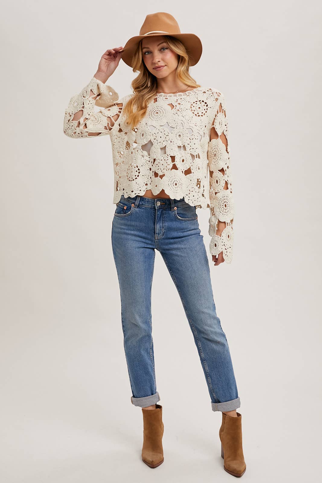 Bell Sleeved Sheer Crochet Top With No Lining