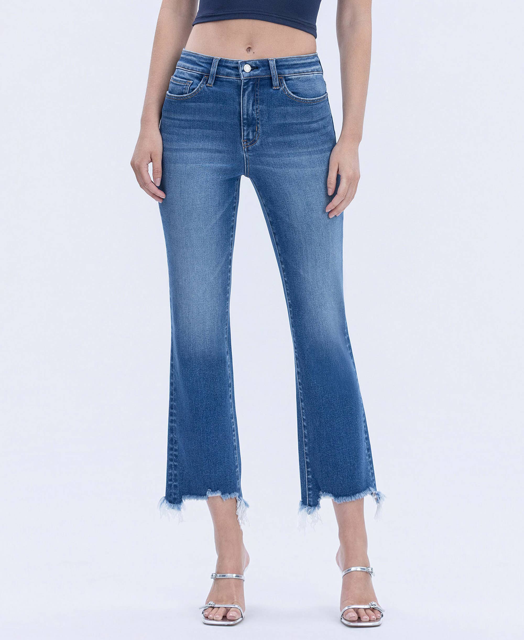 HIGH RISE DISTRESSED HEM KICK FLARE JEANS DIVINE / 32 HIGH RISE DISTRESSED HEM KICK FLARE JEANS DIVINE / 32