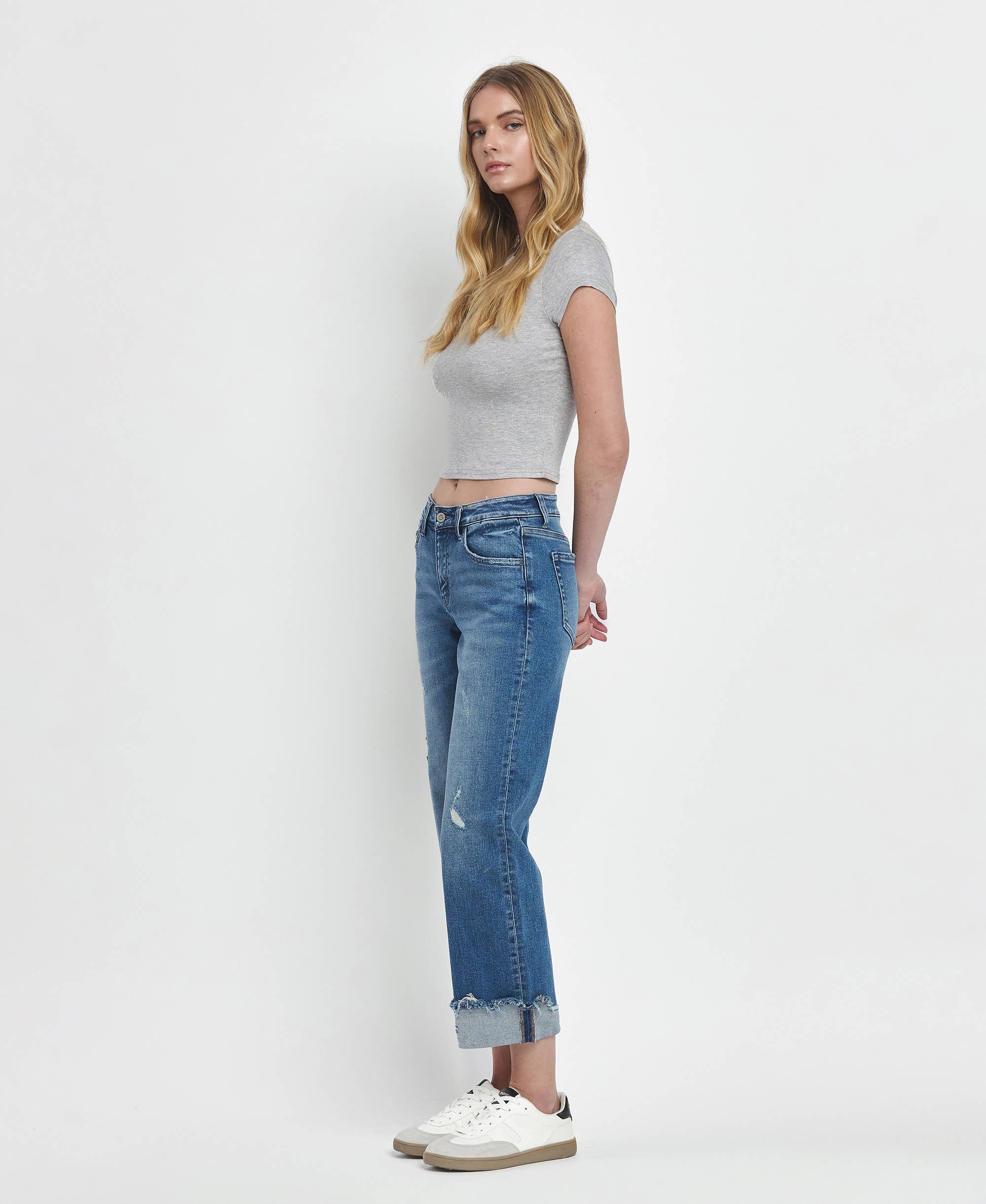 MID RISE RAW CUFFED HEM SLIM WIDE JEANS