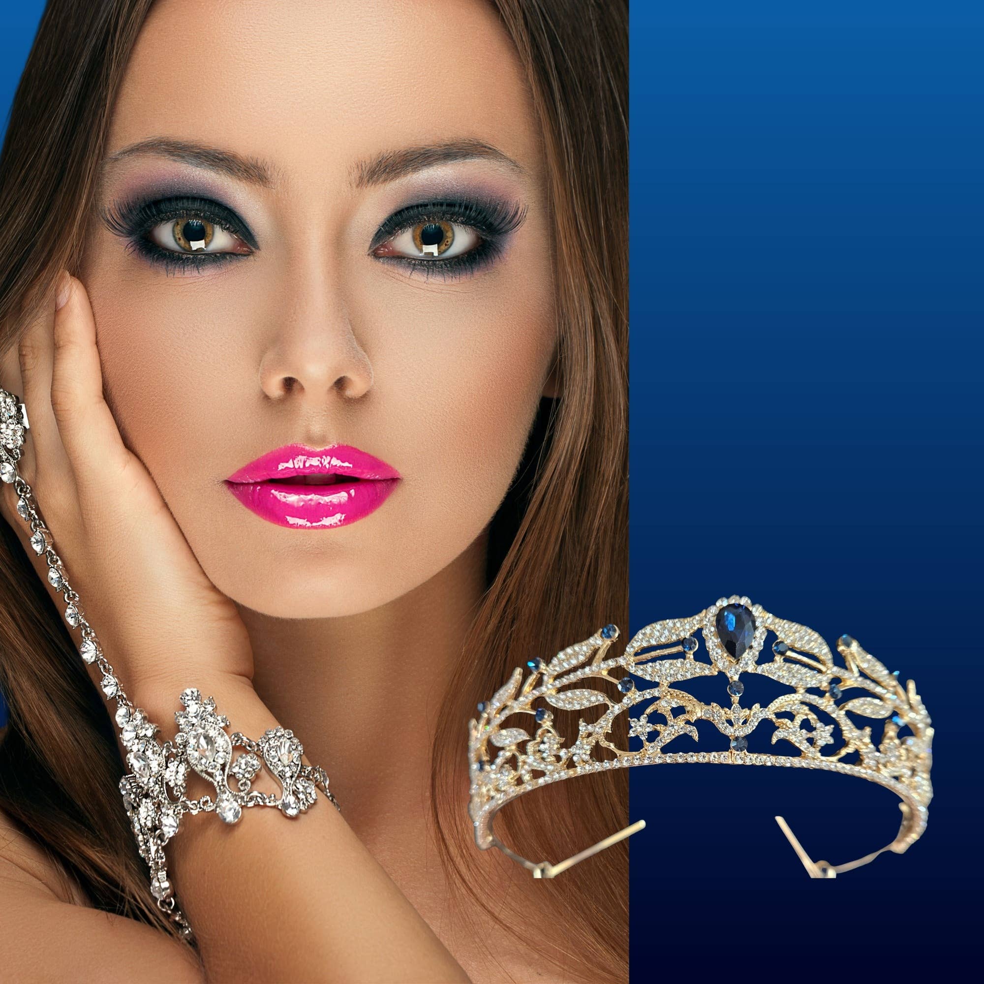 69858-218 Gold Montana blue Tiara L 15.5 *H 1.75''