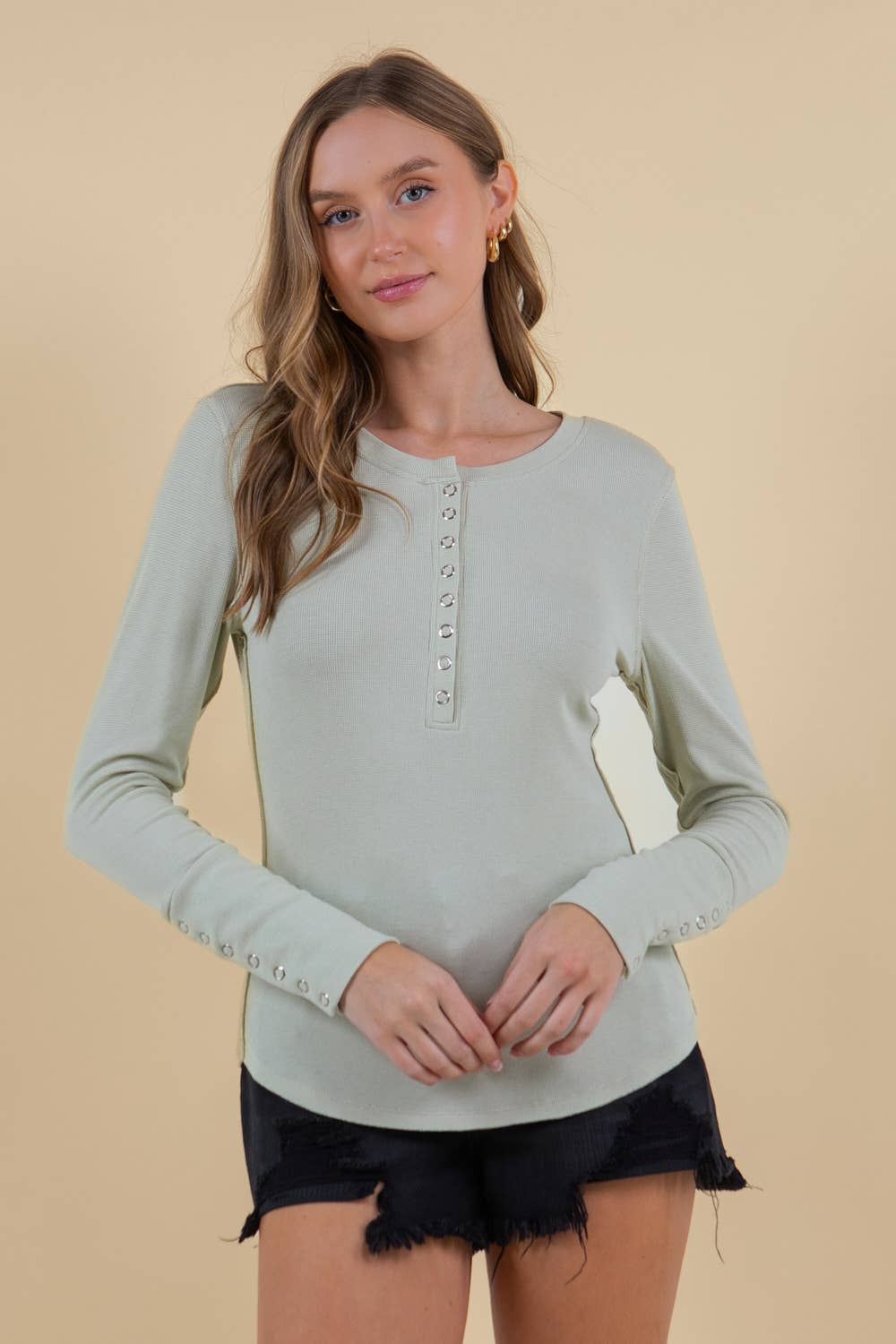 Soft Rib Exposed Seaming Long Sleeve Henley Top