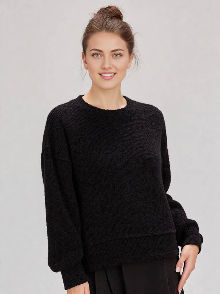 NT11338-Round Neck Textured Knit Oversized Top