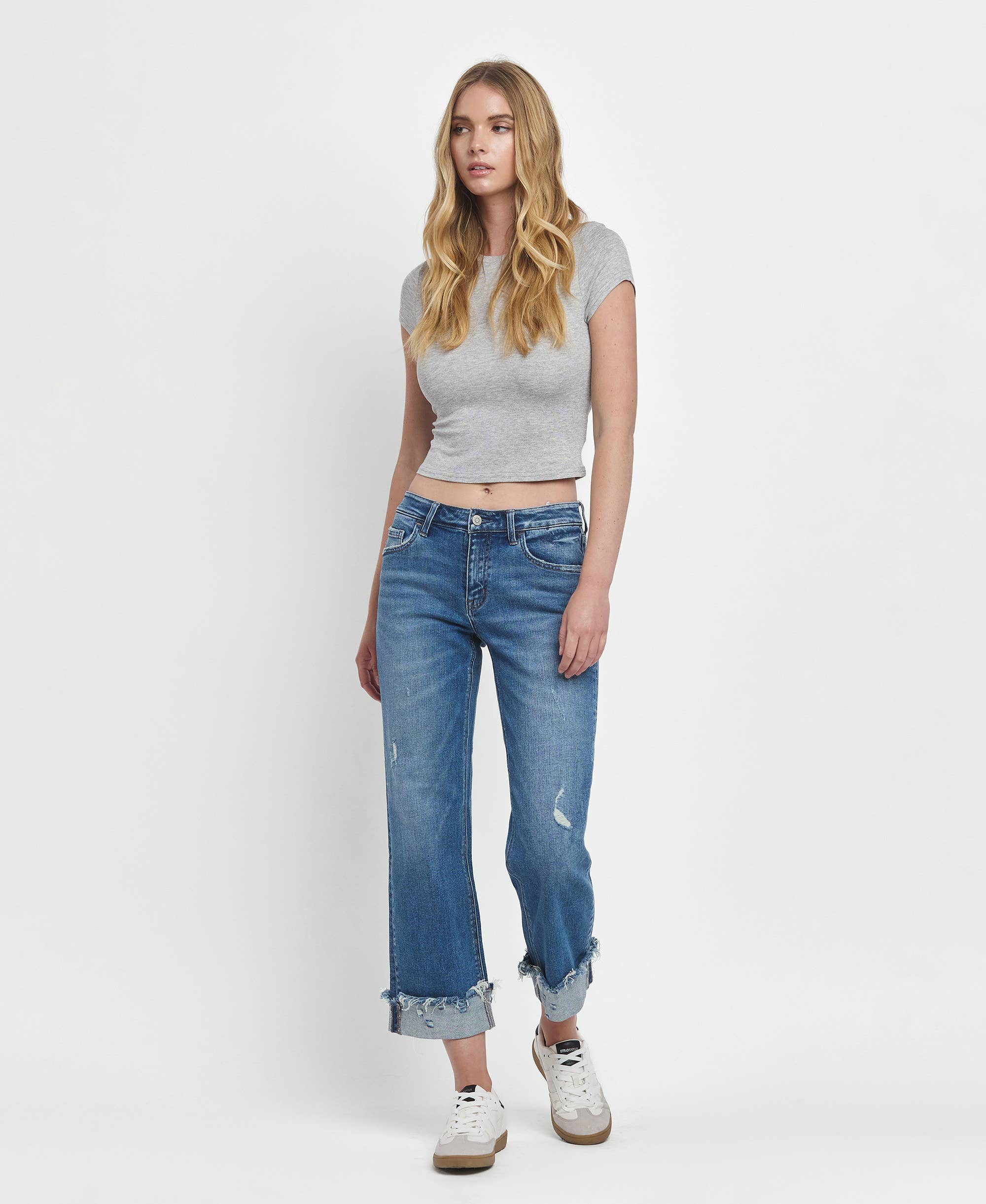 MID RISE RAW CUFFED HEM SLIM WIDE JEANS