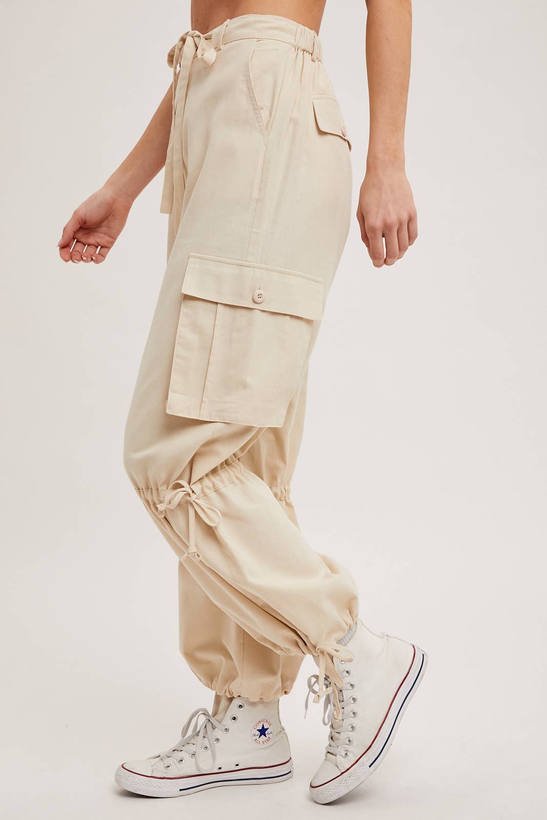 High-Rise Drawstring Cargo Wide Leg Pants