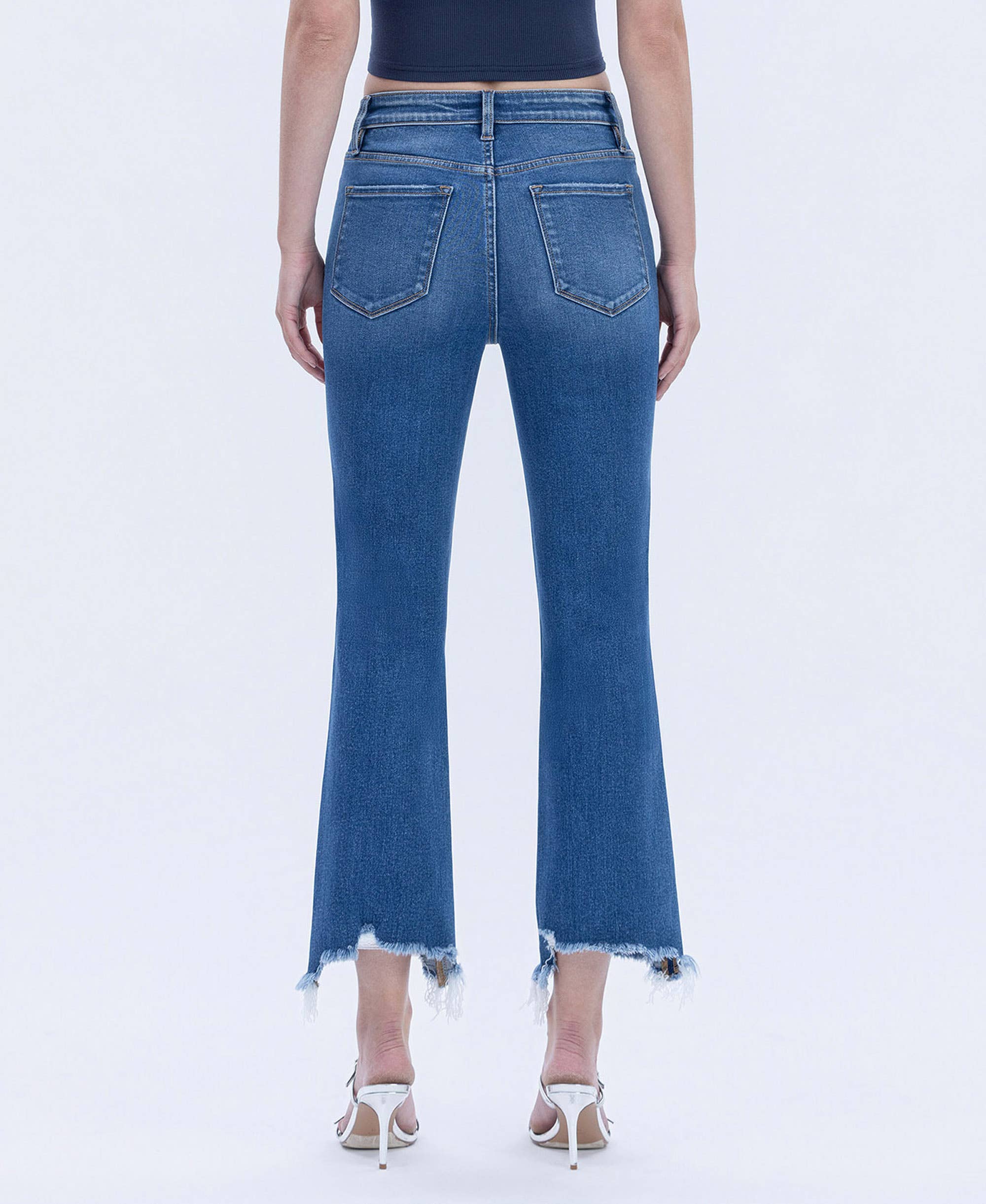 HIGH RISE DISTRESSED HEM KICK FLARE JEANS