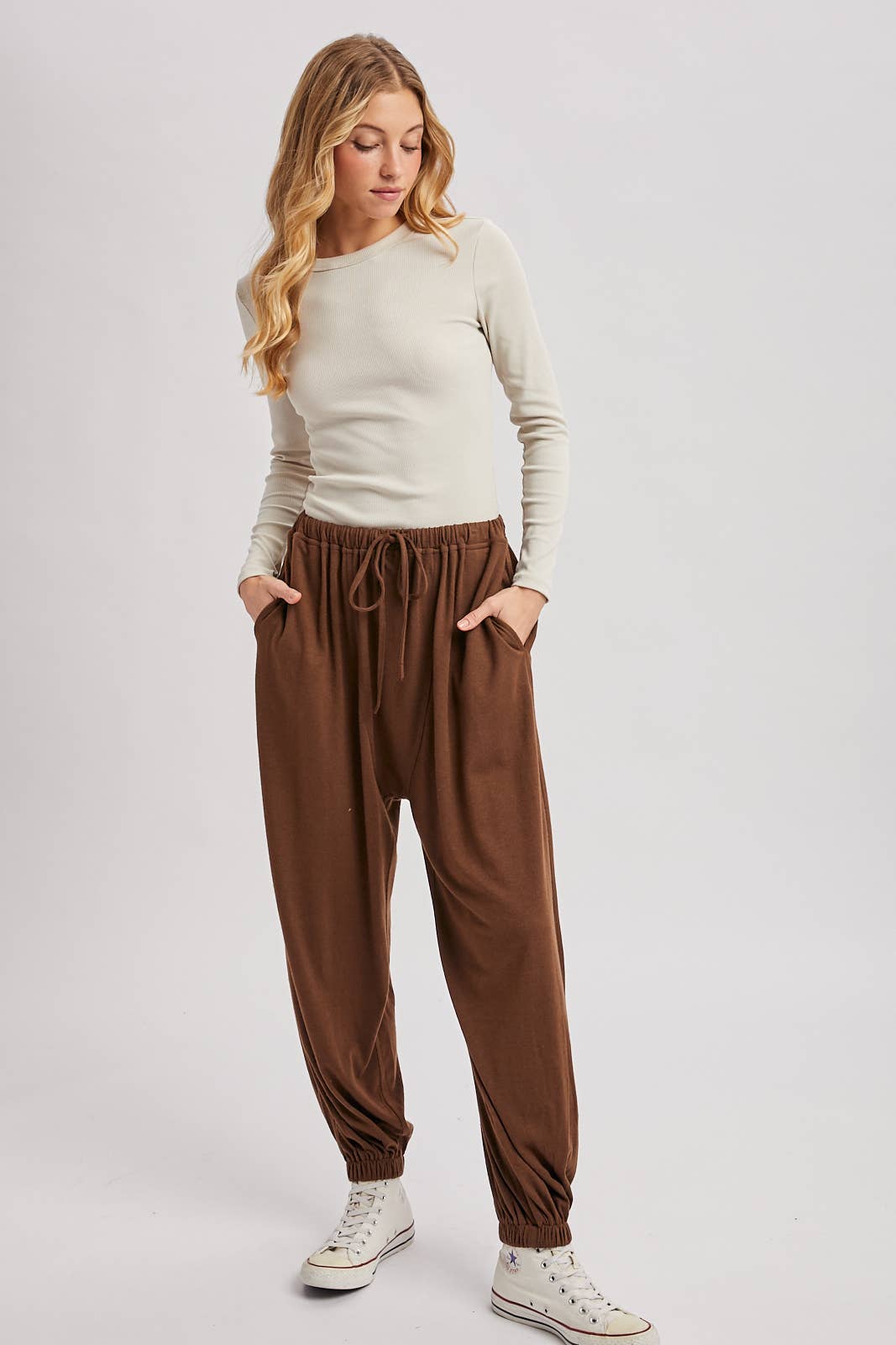 Drawstring Harem Knit Jogger Pants With Pockets