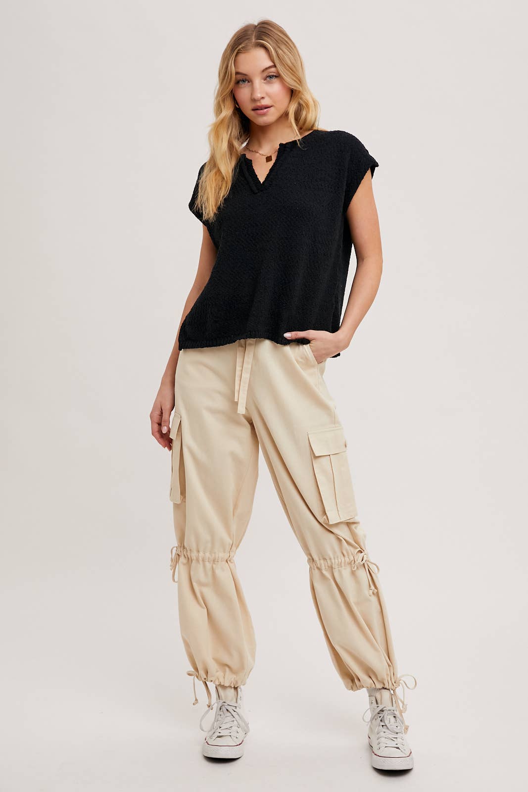 High-Rise Drawstring Cargo Wide Leg Pants