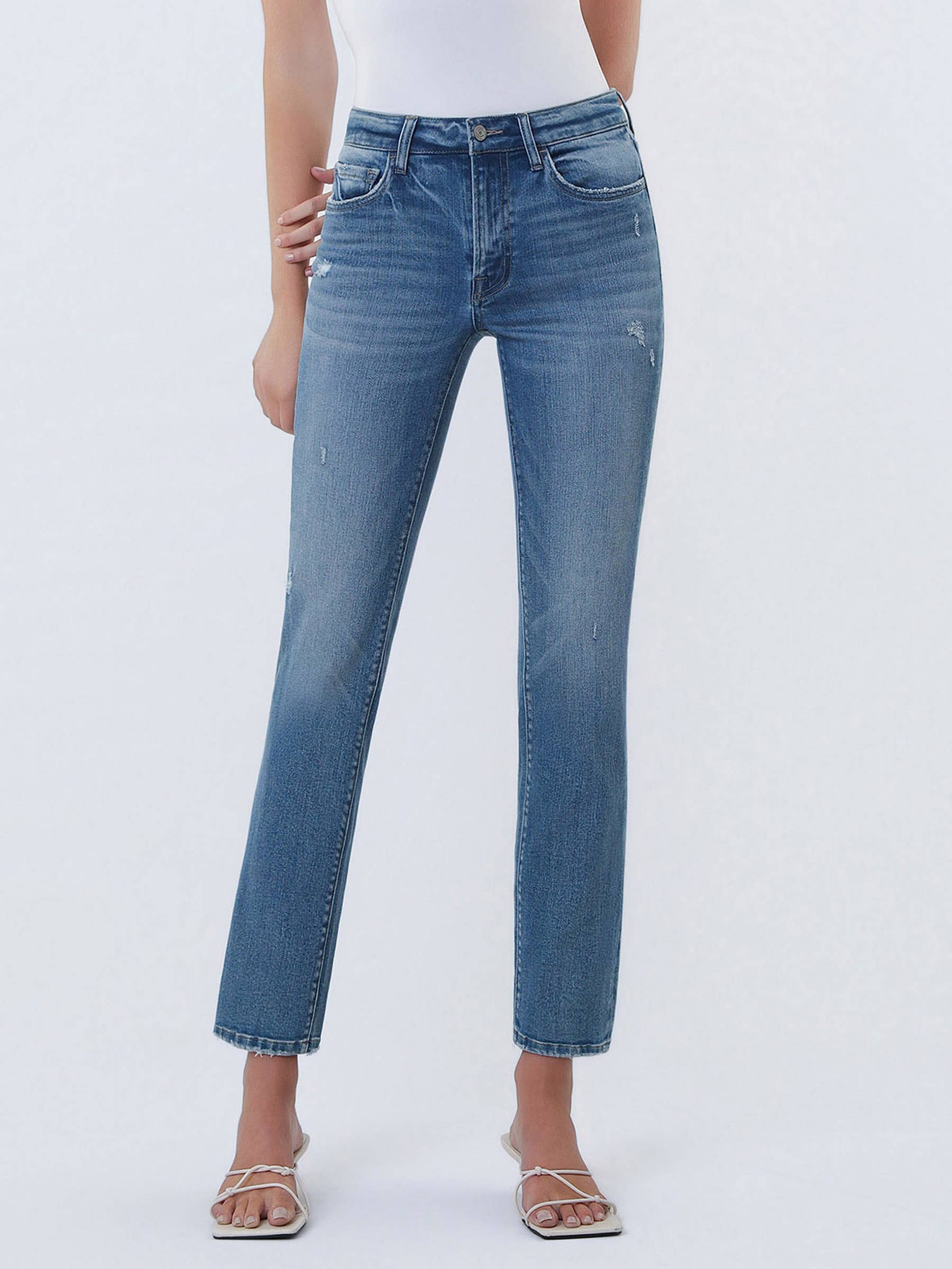 Mid Rise Ankle Slim Straight Jeans
