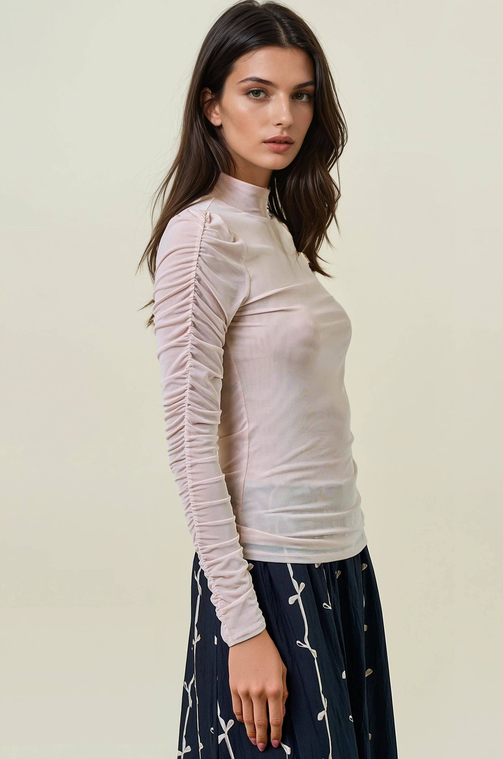 SEMI SHEER MOCK NECK LONG SLEEVE TEE
