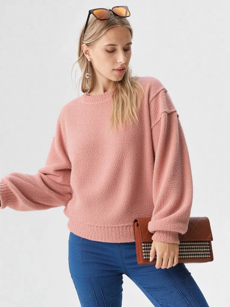 NT11338-Round Neck Textured Knit Oversized Top