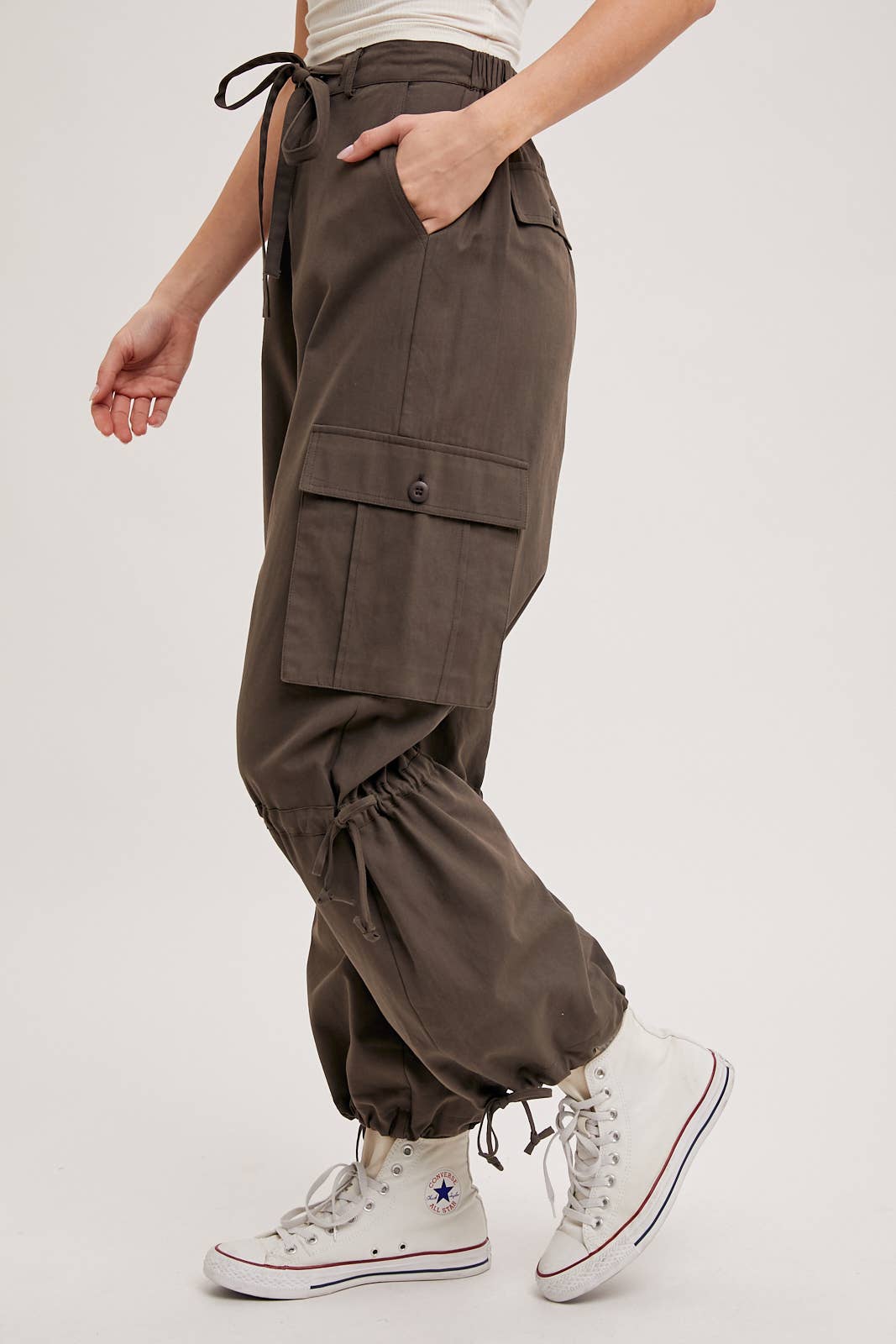 High-Rise Drawstring Cargo Wide Leg Pants