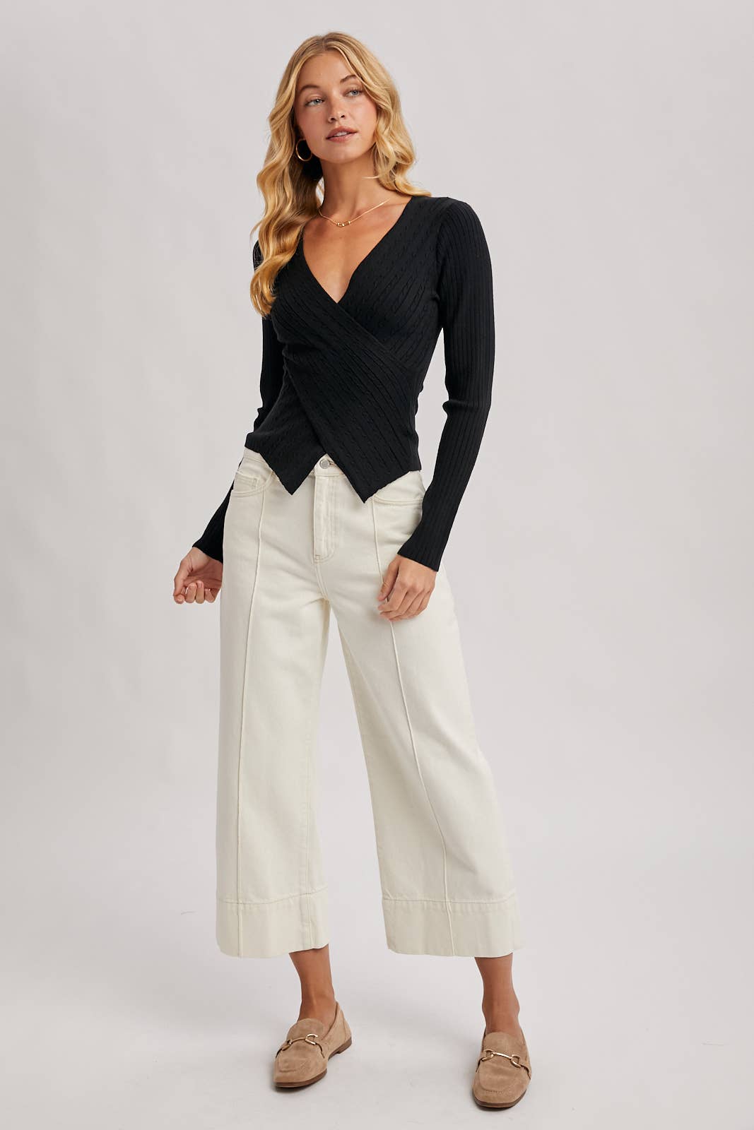 V-Neck Fixed-Wrap Knit Sweater Top