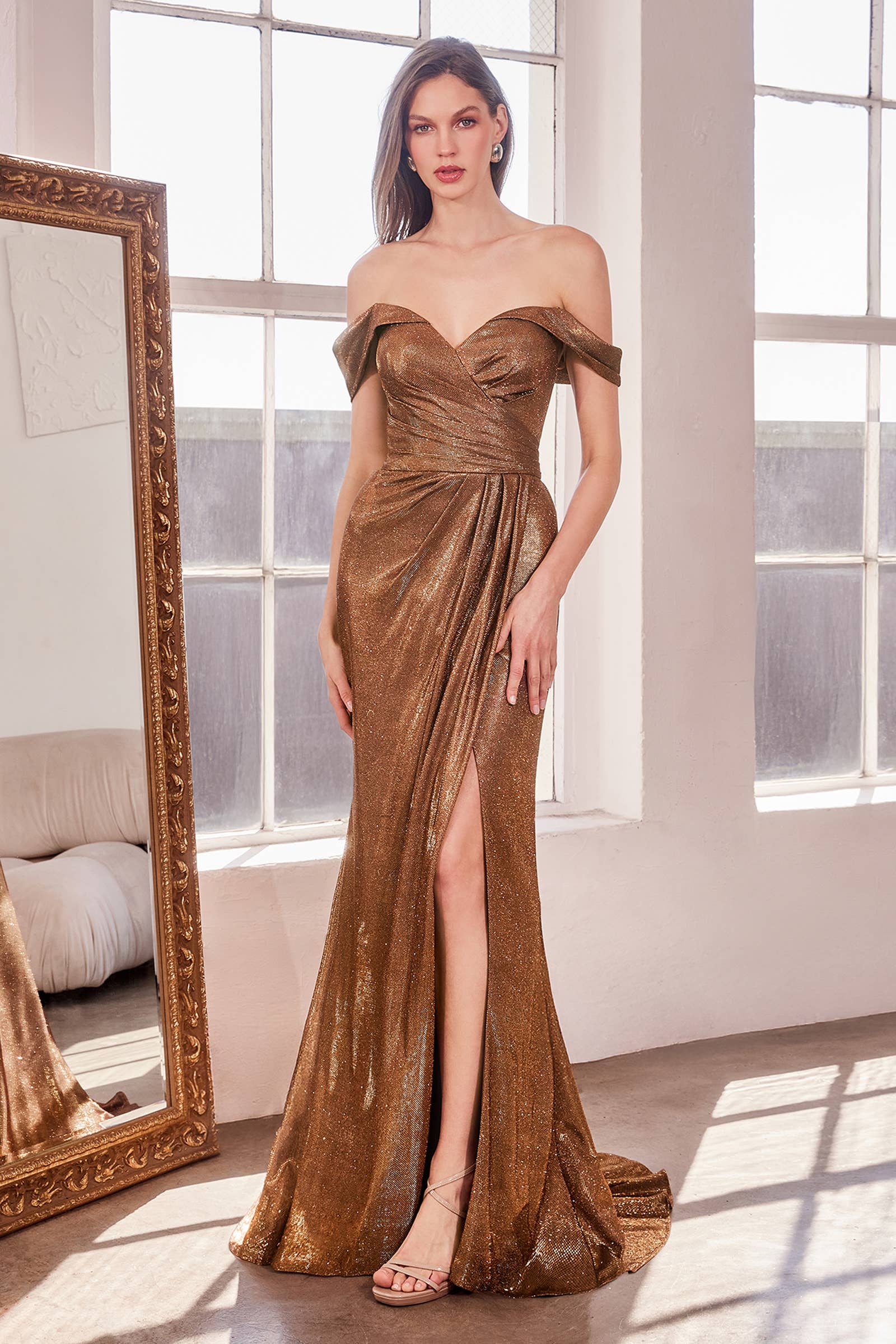 OFF THE SHOULDER METALLIC GOWN WITH LEG SLIT