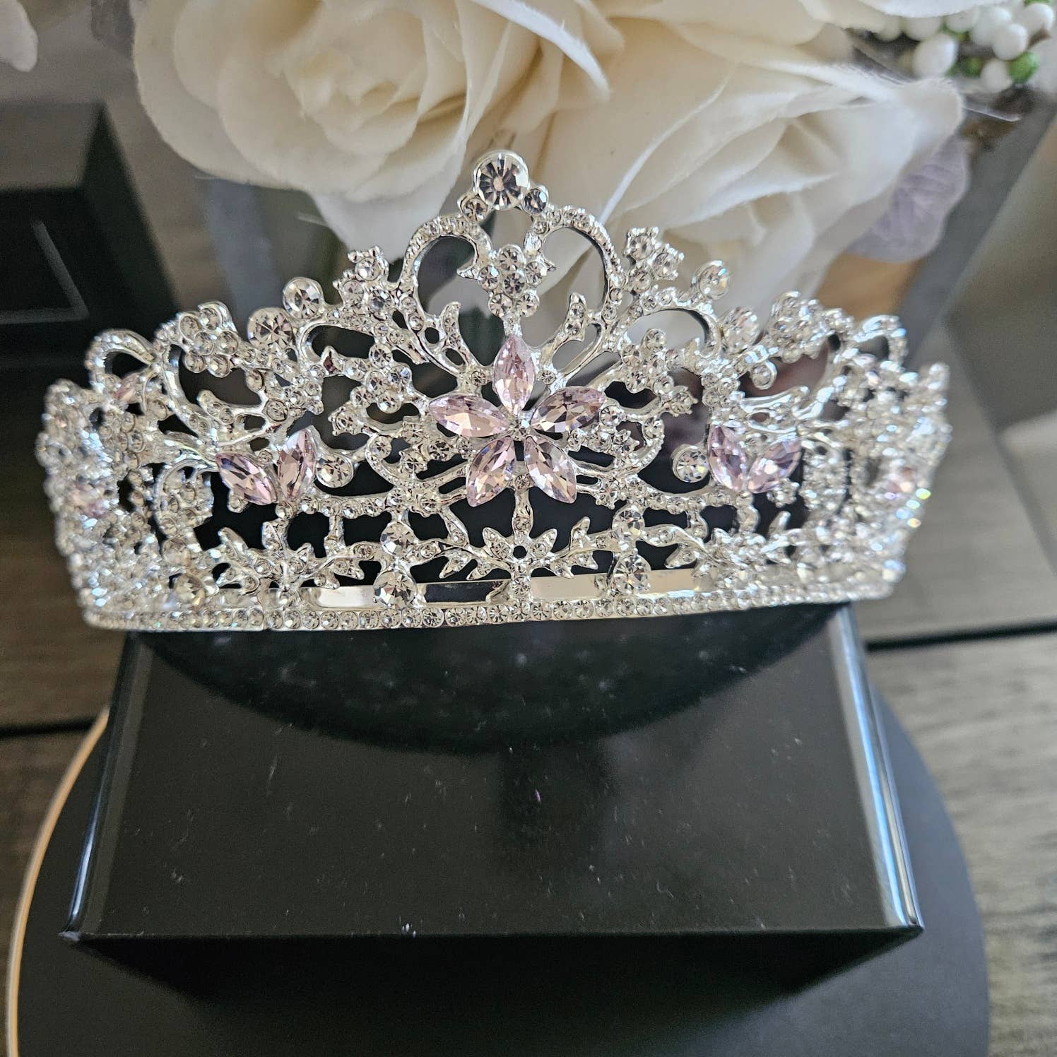 (69641-115) Silver pink Tiara H 2.25” W 5.5"