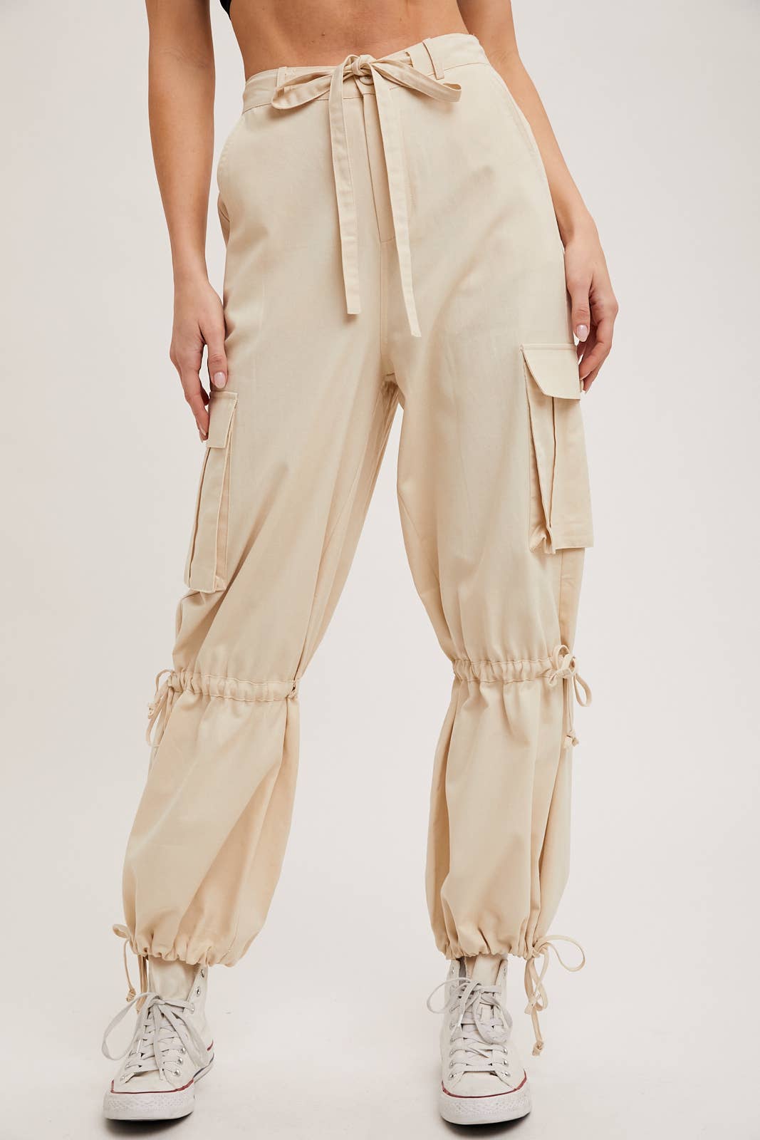 High-Rise Drawstring Cargo Wide Leg Pants