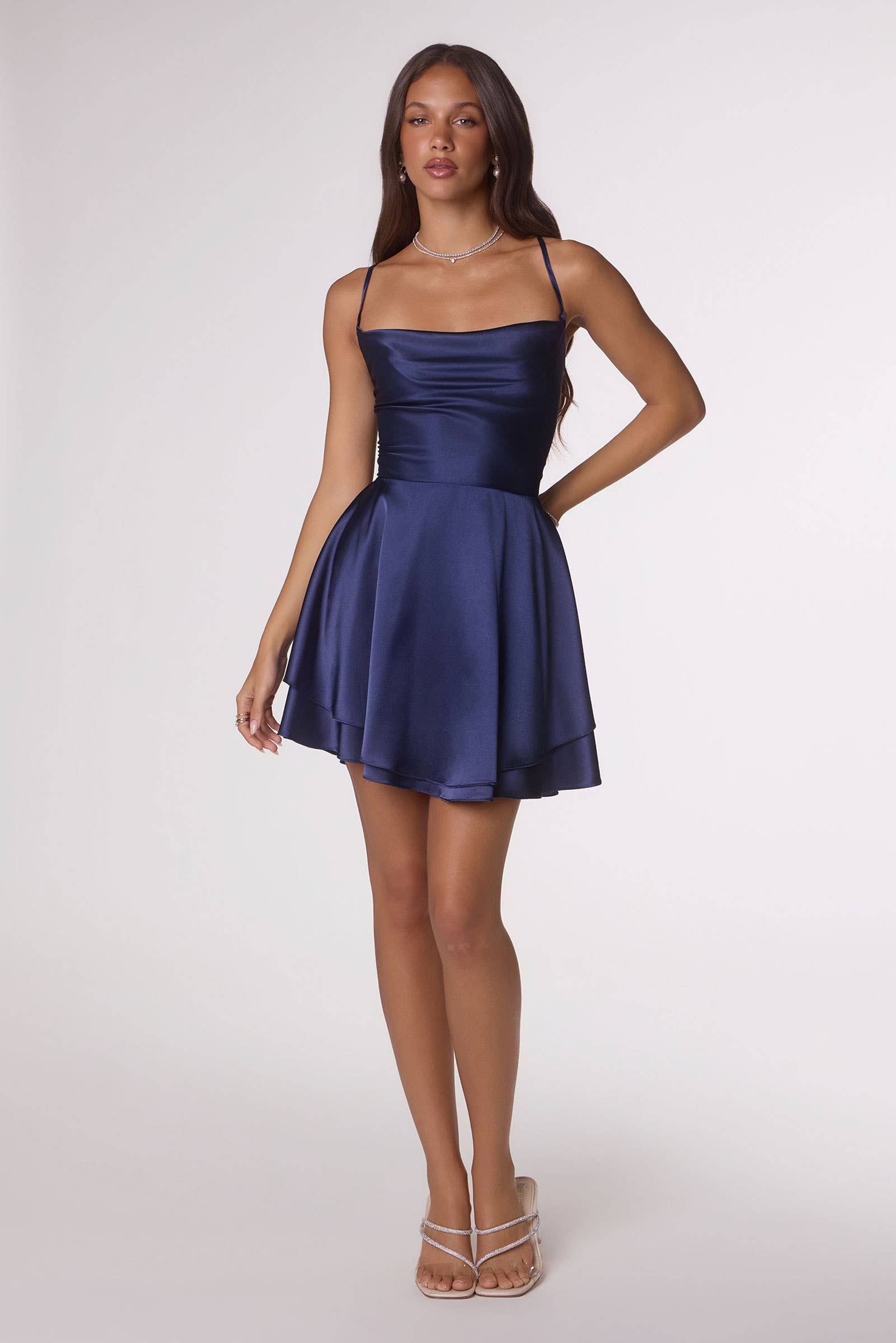 A-LINE SATIN MINI WITH OPEN LACE UP BACK