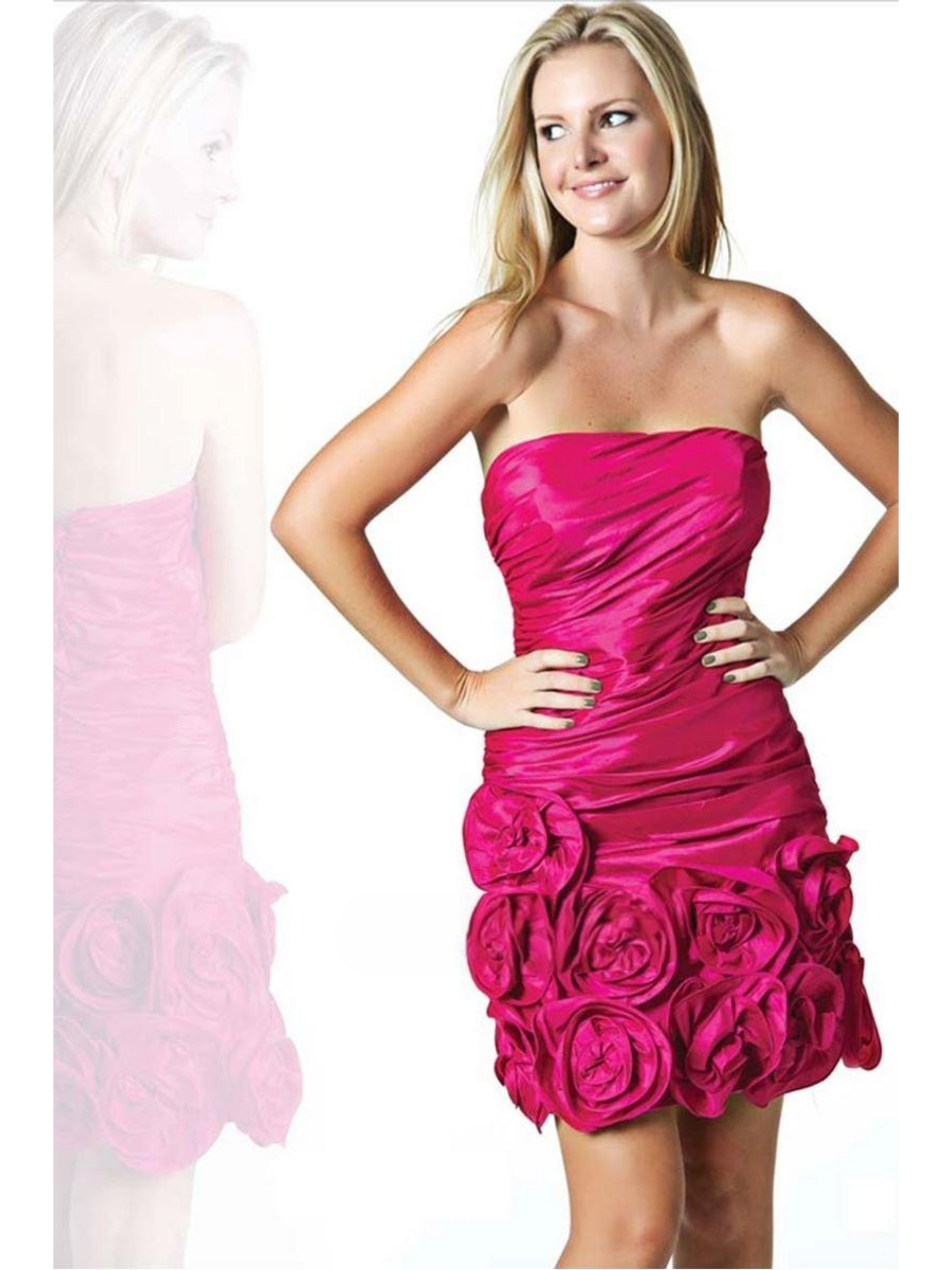 Last Dress: Strapless Satin Rose Mini Dress – Ruched Bodycon with Floral Appliqué - prom dress_E1342_FUCHSIA_20