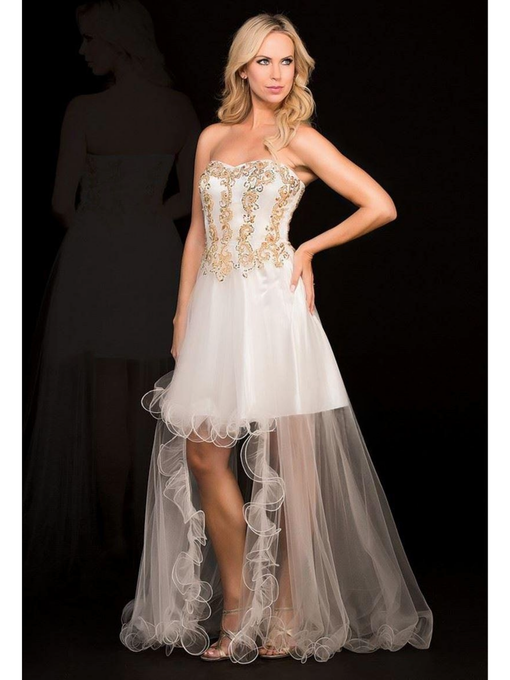 High-Low Strapless Prom Dress Gold Embroidery & Ruffled Tulle Skirt Last Dress High-Low Strapless Prom Dress Gold Embroidery & Ruffled Tulle Skirt Last Dress