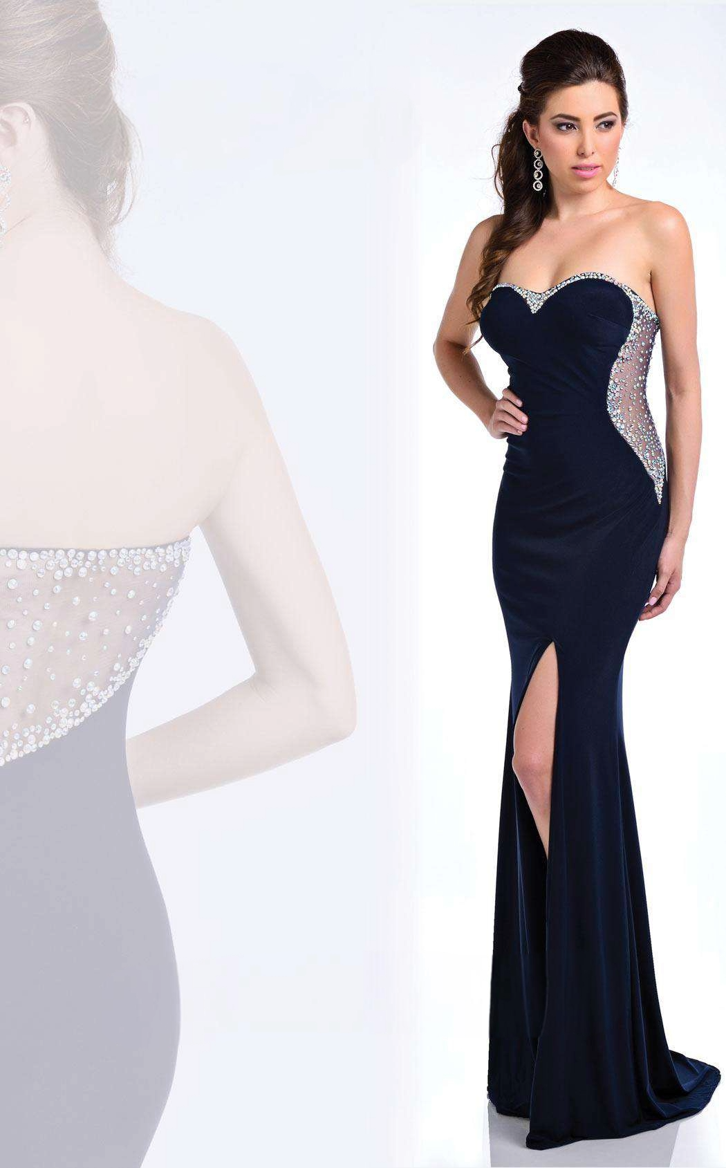 Last Dress: Navy Blue Strapless Evening Gown – Crystal Embellished Back & Thigh-High Slit - prom dress_E1778_NAVY_0