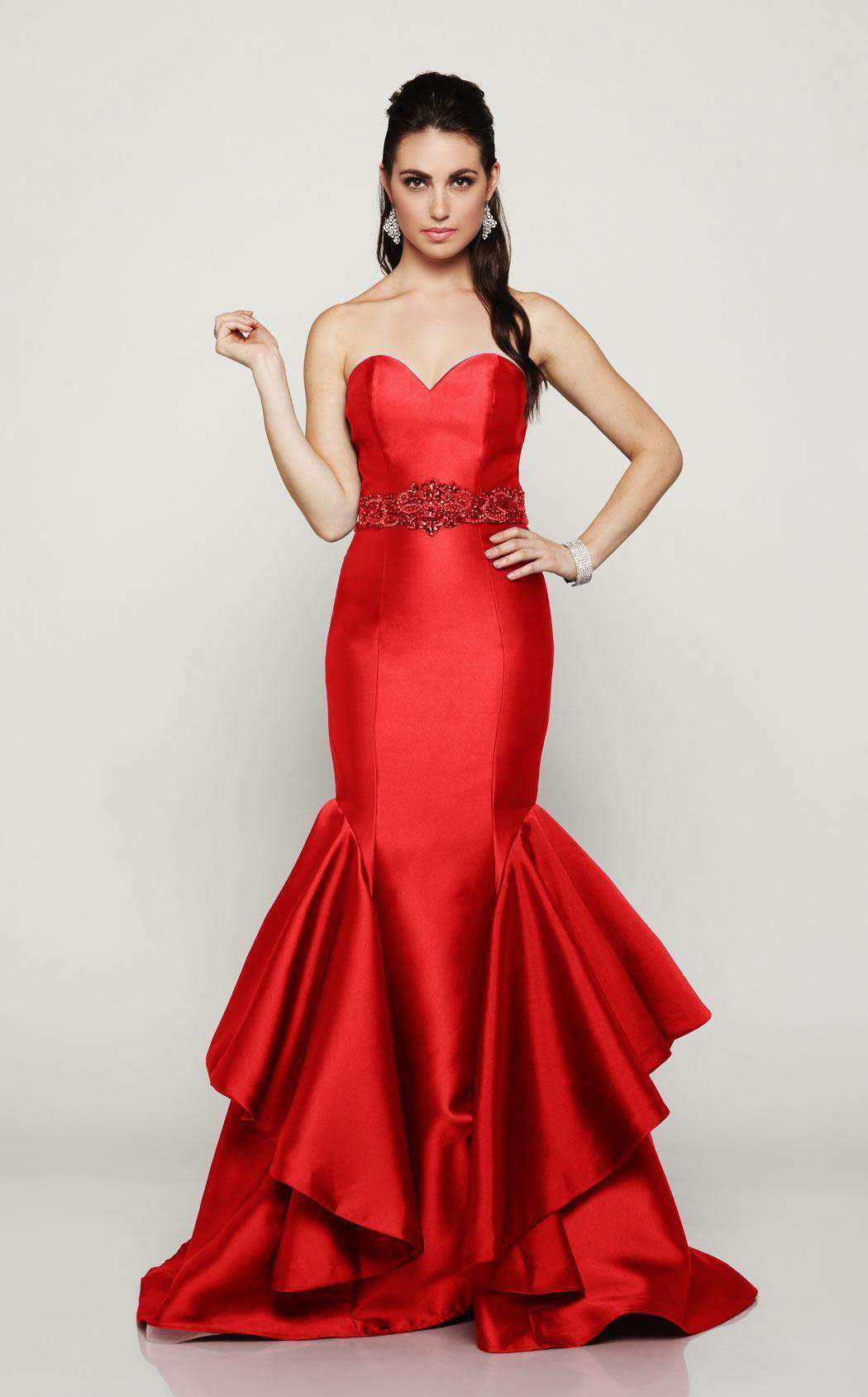 Last Dress: Strapless Mermaid Dress – Satin Ruffled Skirt with Beaded Waist Detail - prom dress_E2016_RED_0