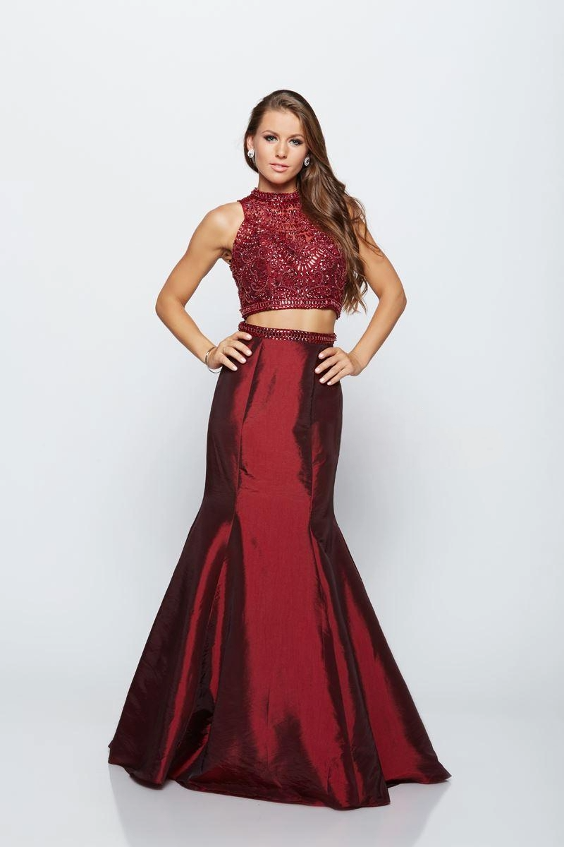 Last Dress: Burgundy Two-Piece Dress – Beaded Halter Crop Top with Satin Mermaid Skirt - prom dress_E2021_WINE_0
