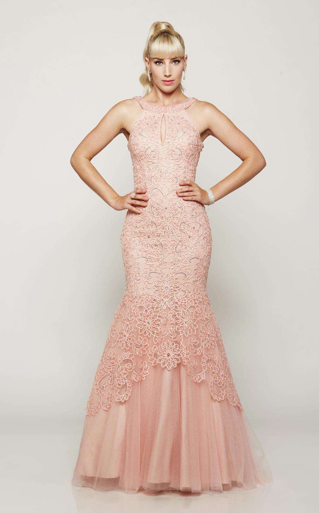 Last Dress: Blush Pink Lace Mermaid Dress – Sheer Beaded Back with Floral Appliqué - prom dress_E2070_PEACH_0