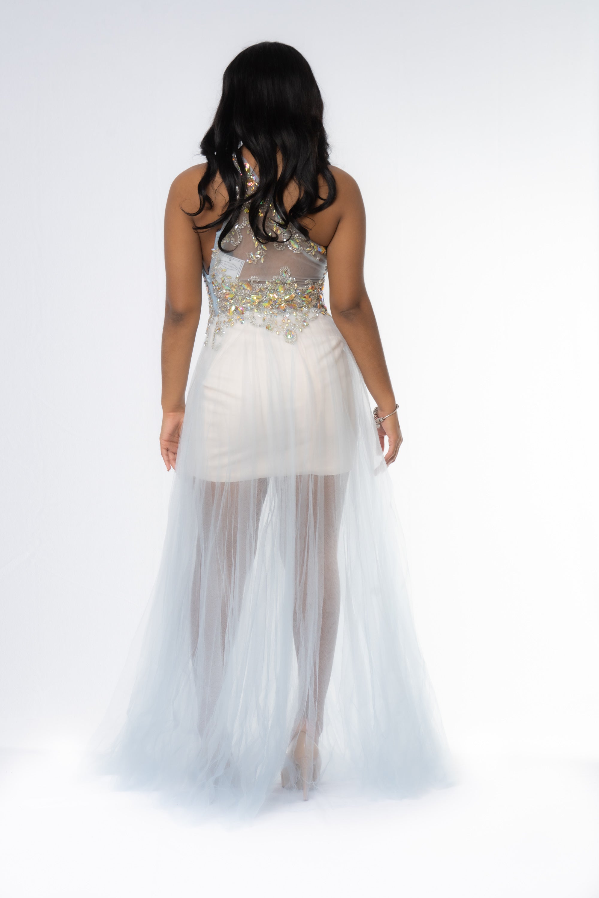 One-Shoulder Embellished Mini Dress with Sheer Overlay - prom dress