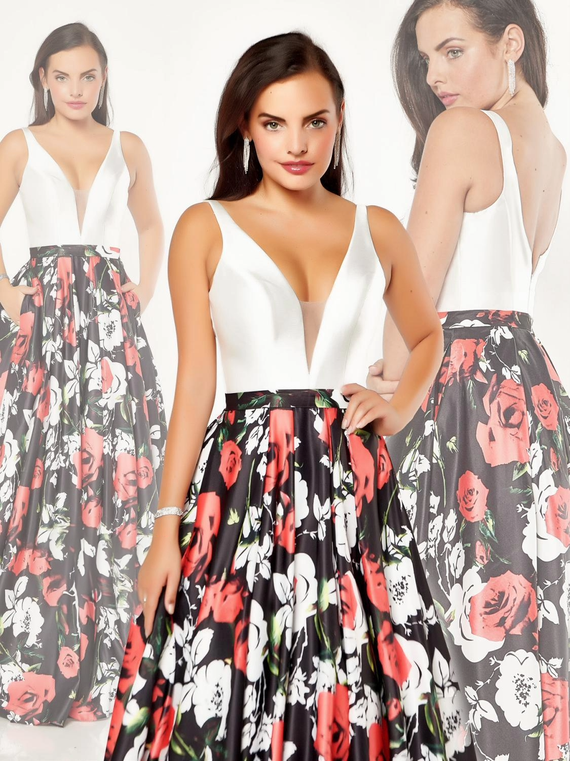 Last Dress: Elegant Black & White Floral Gown – Satin A-Line with Deep V-Neck - prom dress_E2160_ROYAL_4