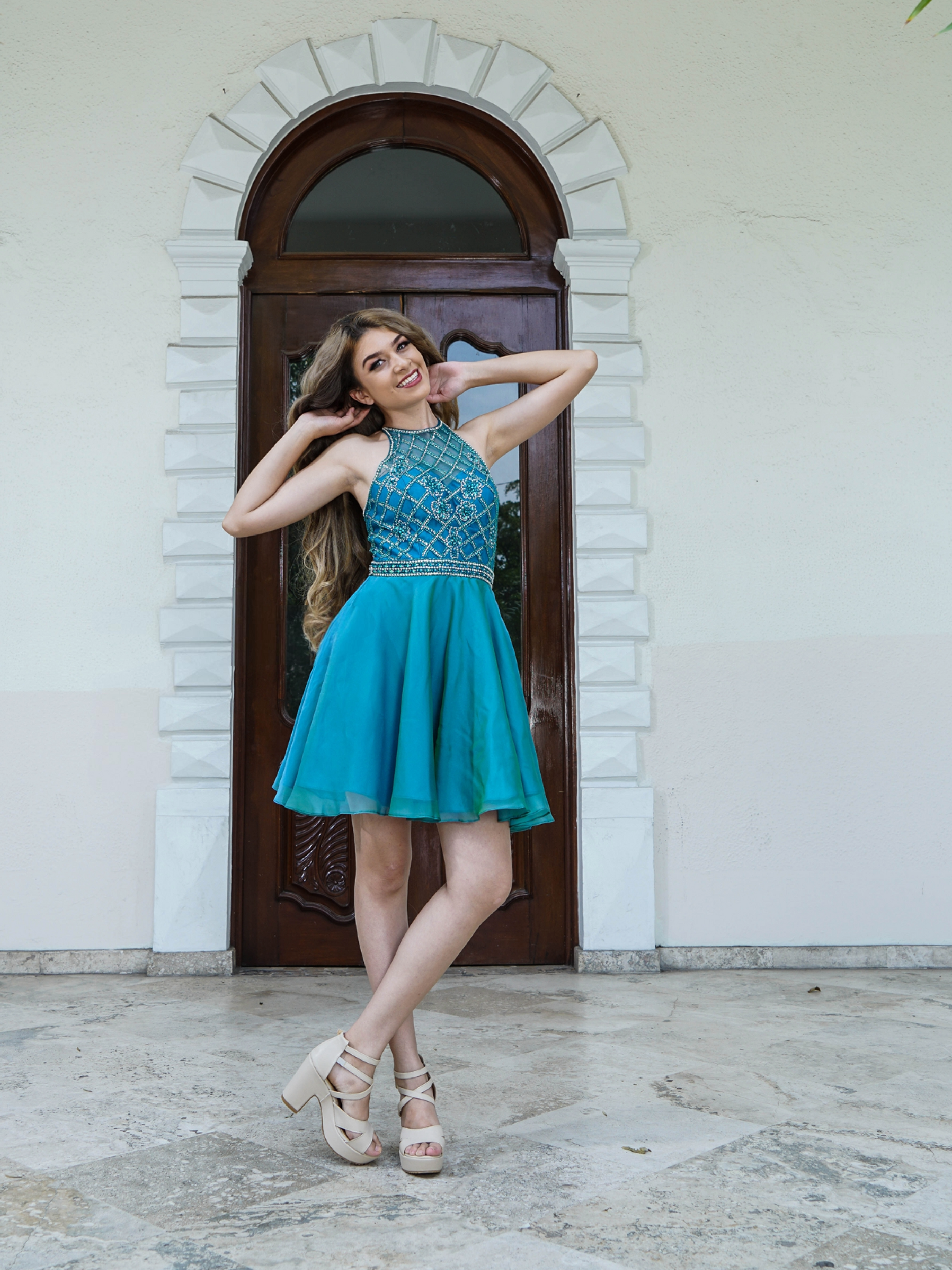 TEAL Beaded Halter Dress Skater Fit with Intricate Detailing - prom Dress TEAL / 14 TEAL Beaded Halter Dress Skater Fit with Intricate Detailing - prom Dress TEAL / 14