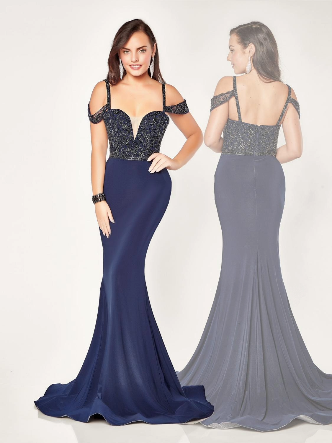 Last Dress: Navy Blue Off-Shoulder Mermaid Gown with Beaded Bodice - prom dress_E2593_NAVY_18