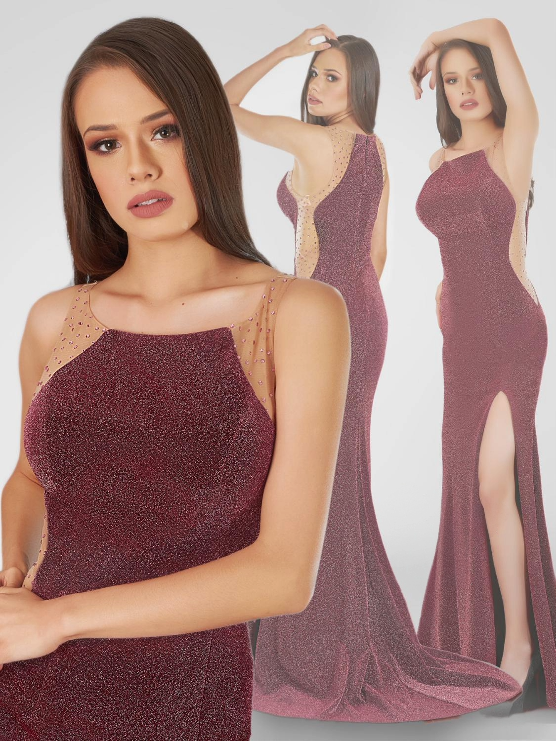 Last Dress: Rose Gold Glitter Dress – Sheer Beaded Straps with High Slit Gown - prom dress_E2615_CLARET_18