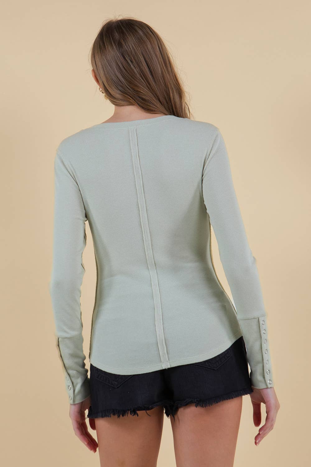 Soft Rib Exposed Seaming Long Sleeve Henley Top