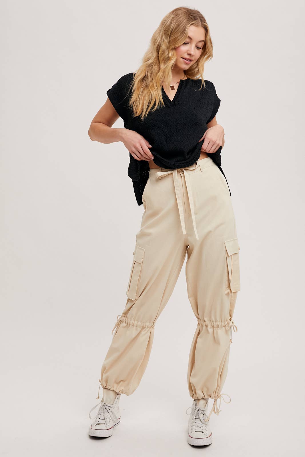 High-Rise Drawstring Cargo Wide Leg Pants