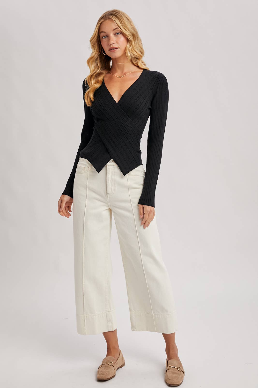 V-Neck Fixed-Wrap Knit Sweater Top