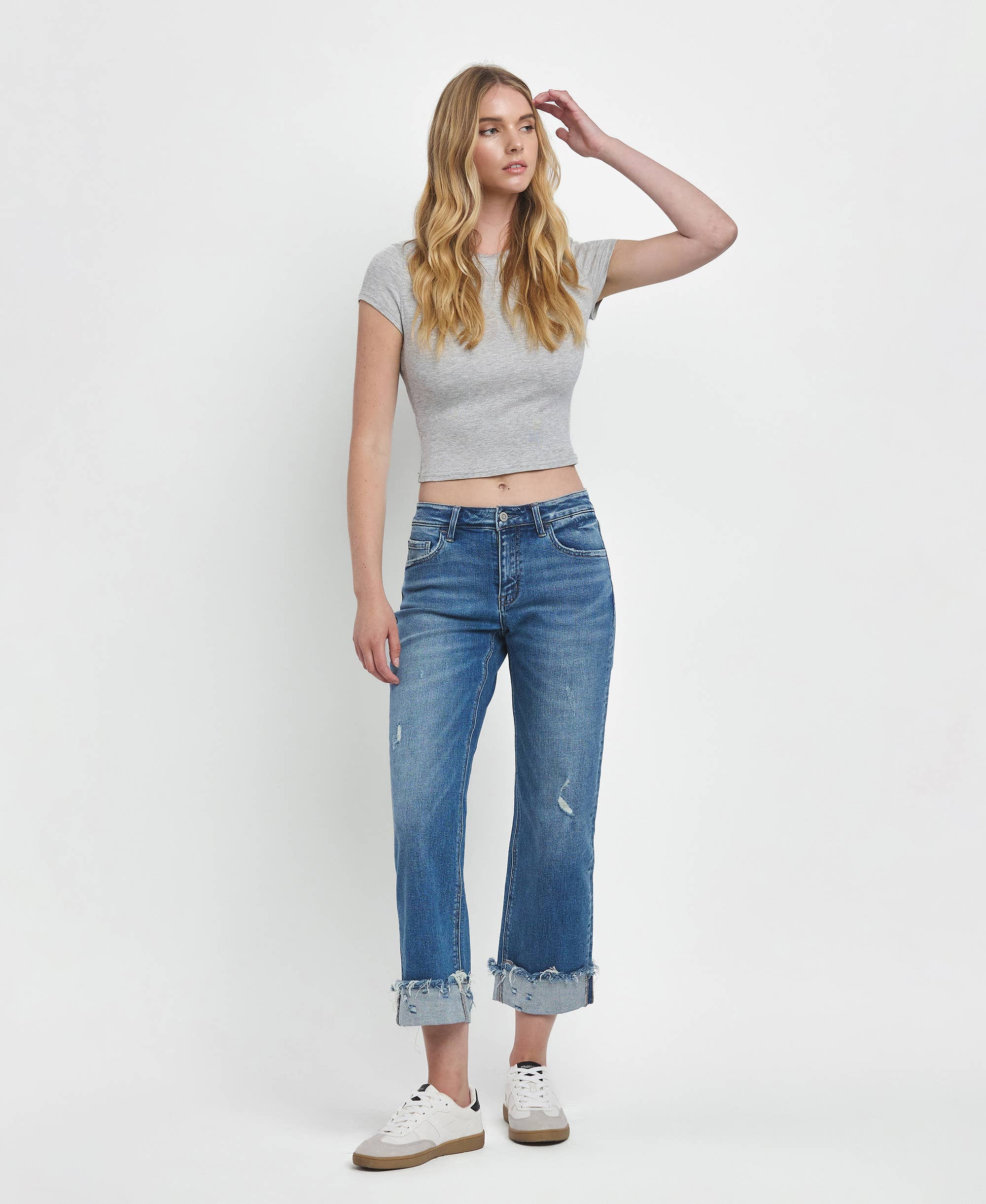 MID RISE RAW CUFFED HEM SLIM WIDE JEANS
