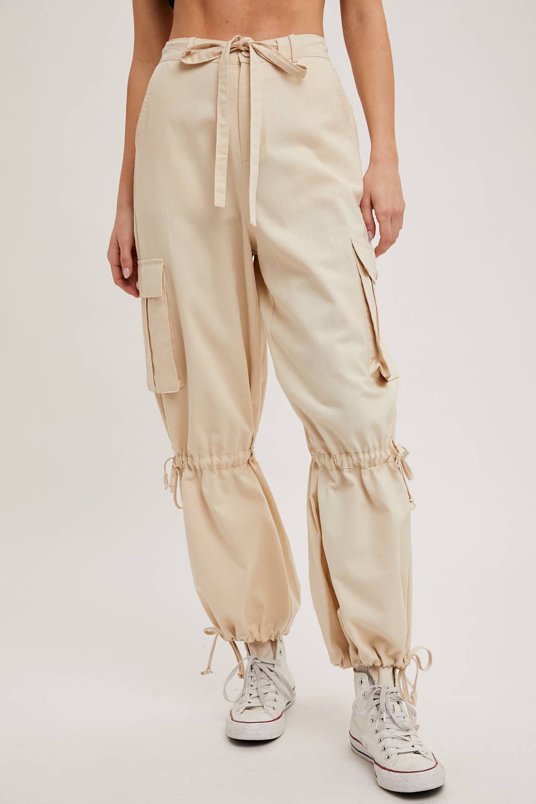 High-Rise Drawstring Cargo Wide Leg Pants