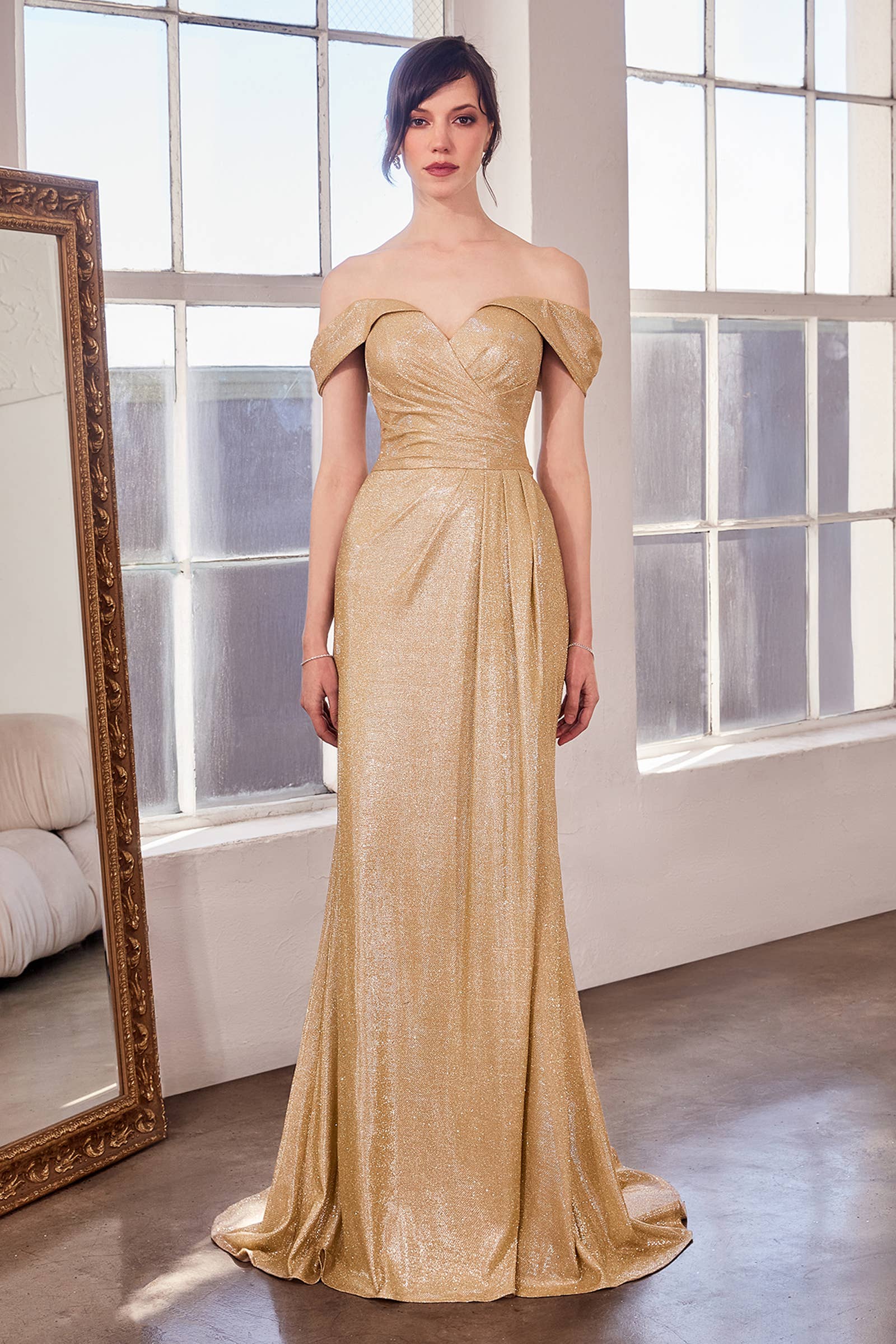 OFF THE SHOULDER METALLIC GOWN WITH LEG SLIT