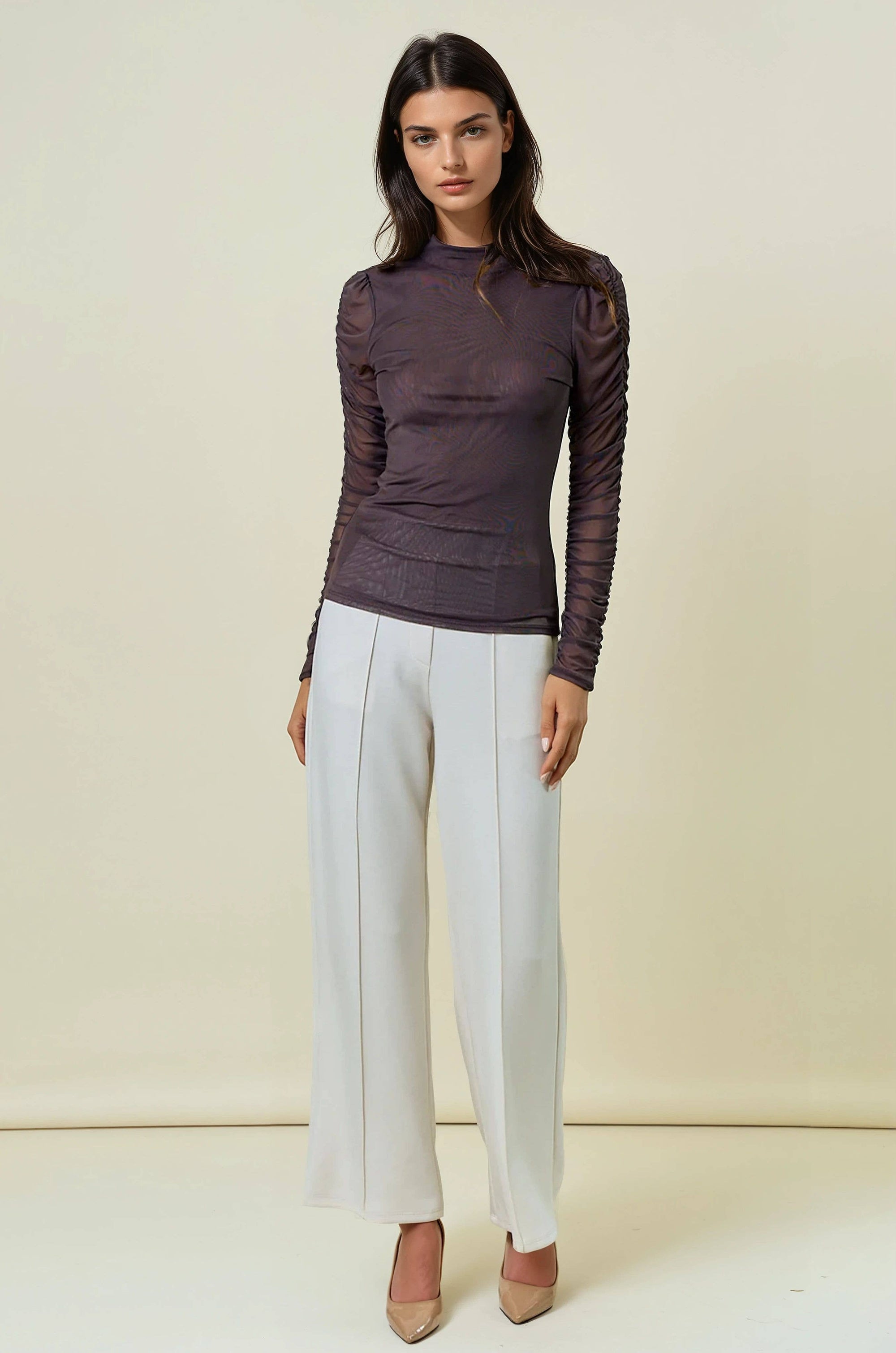 SEMI SHEER MOCK NECK LONG SLEEVE TEE