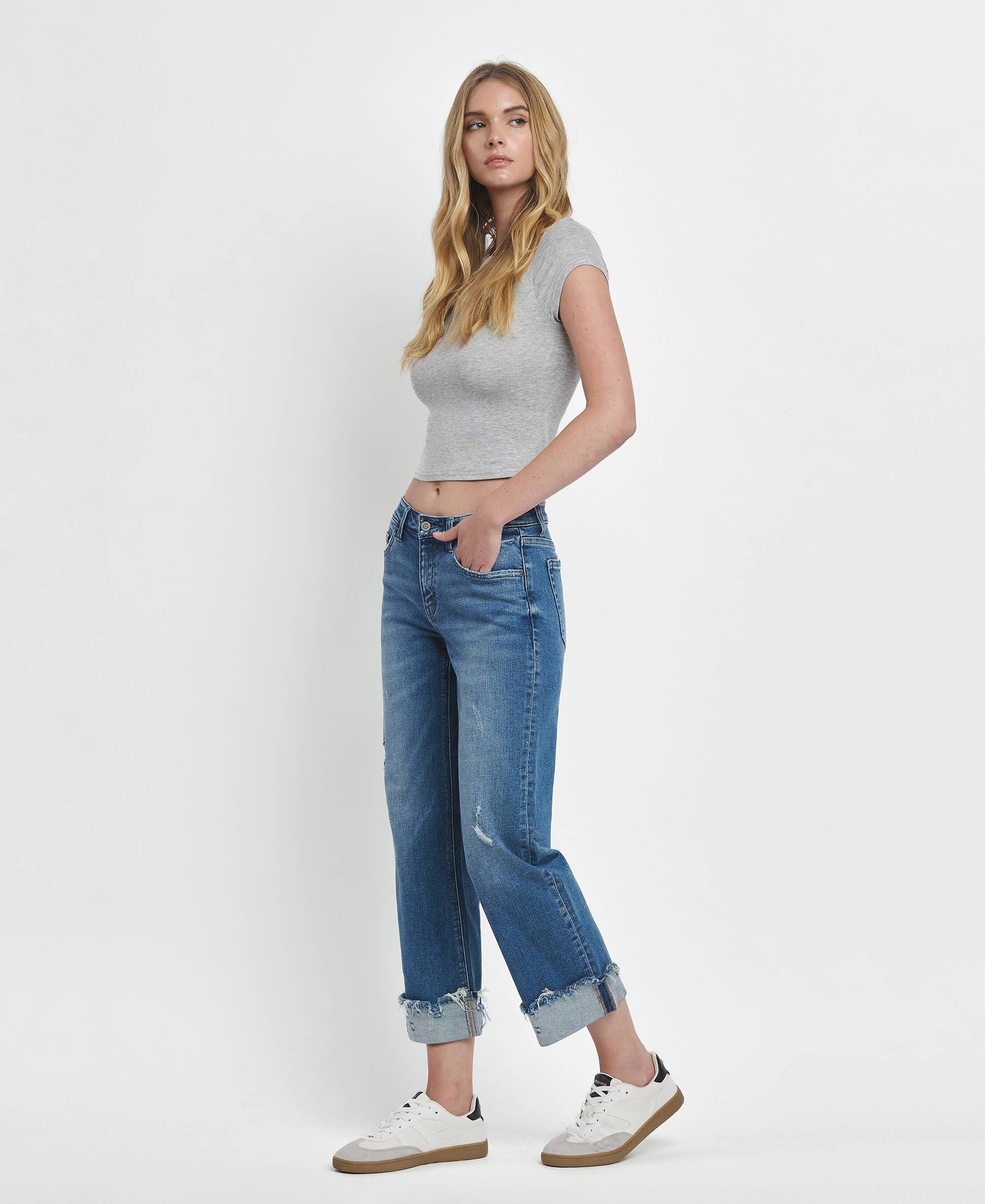 MID RISE RAW CUFFED HEM SLIM WIDE JEANS
