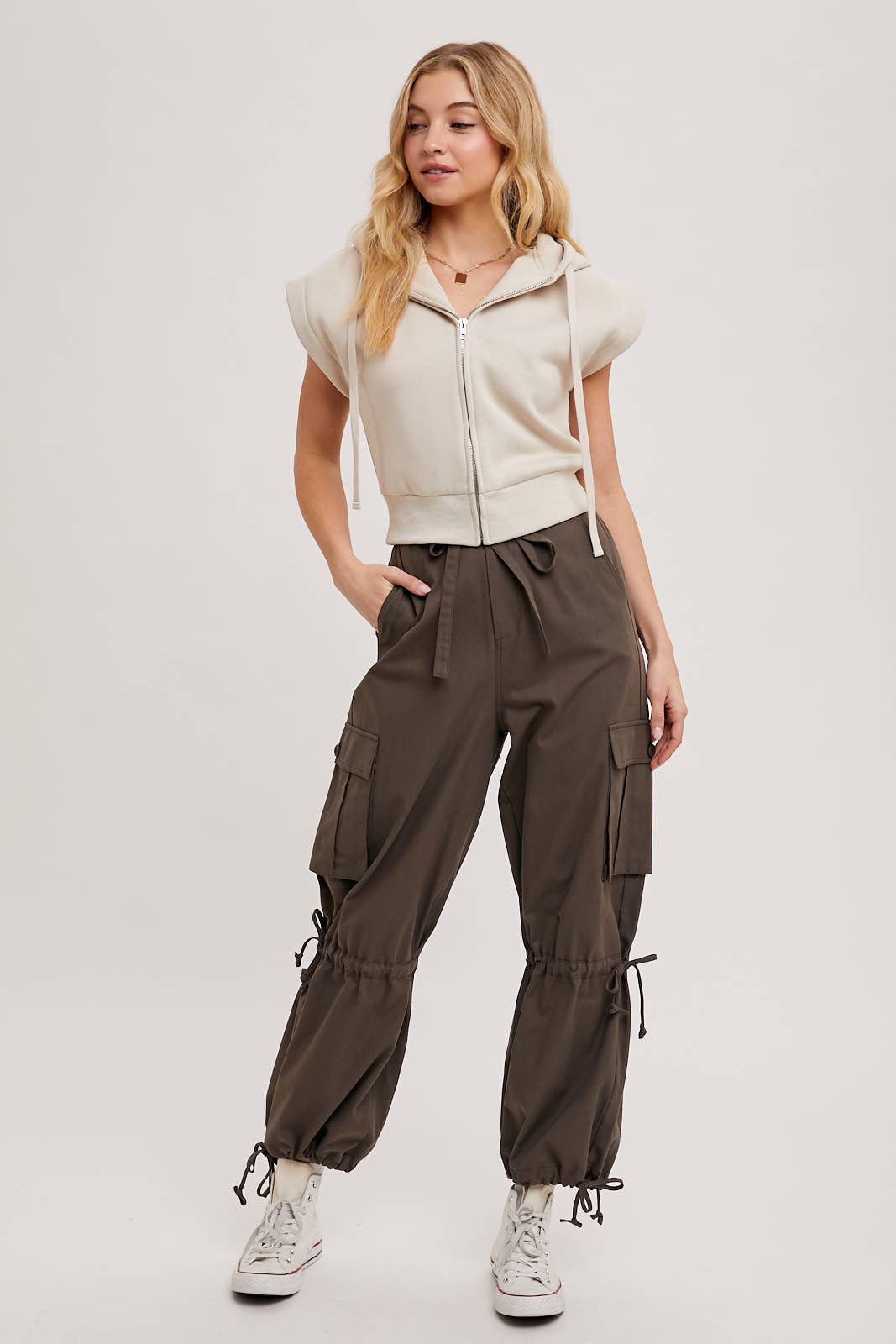 High-Rise Drawstring Cargo Wide Leg Pants