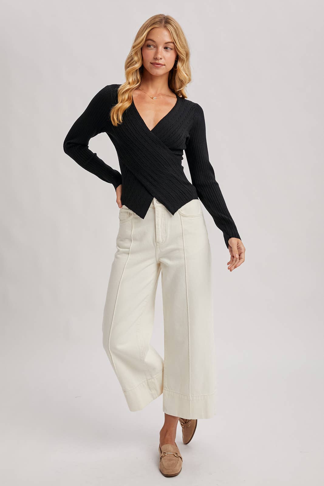 V-Neck Fixed-Wrap Knit Sweater Top