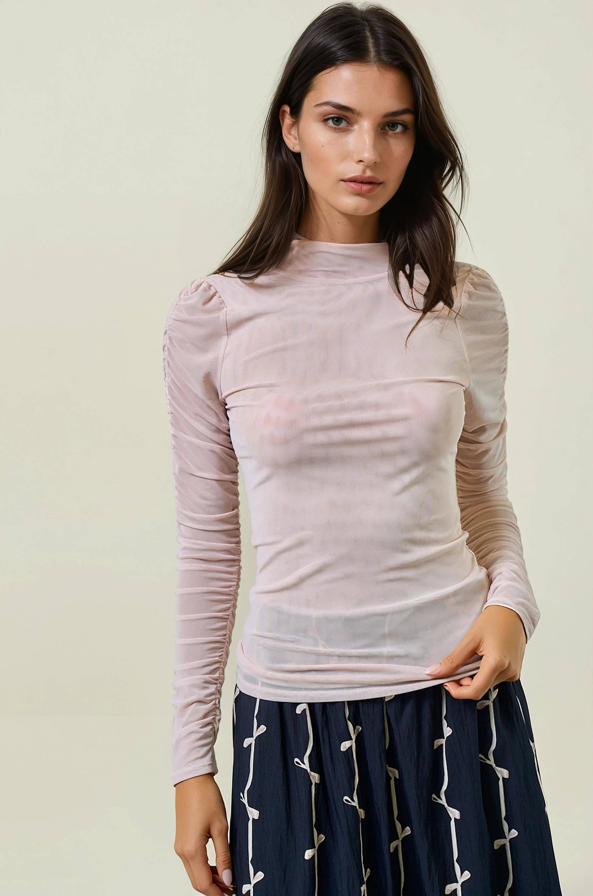 SEMI SHEER MOCK NECK LONG SLEEVE TEE