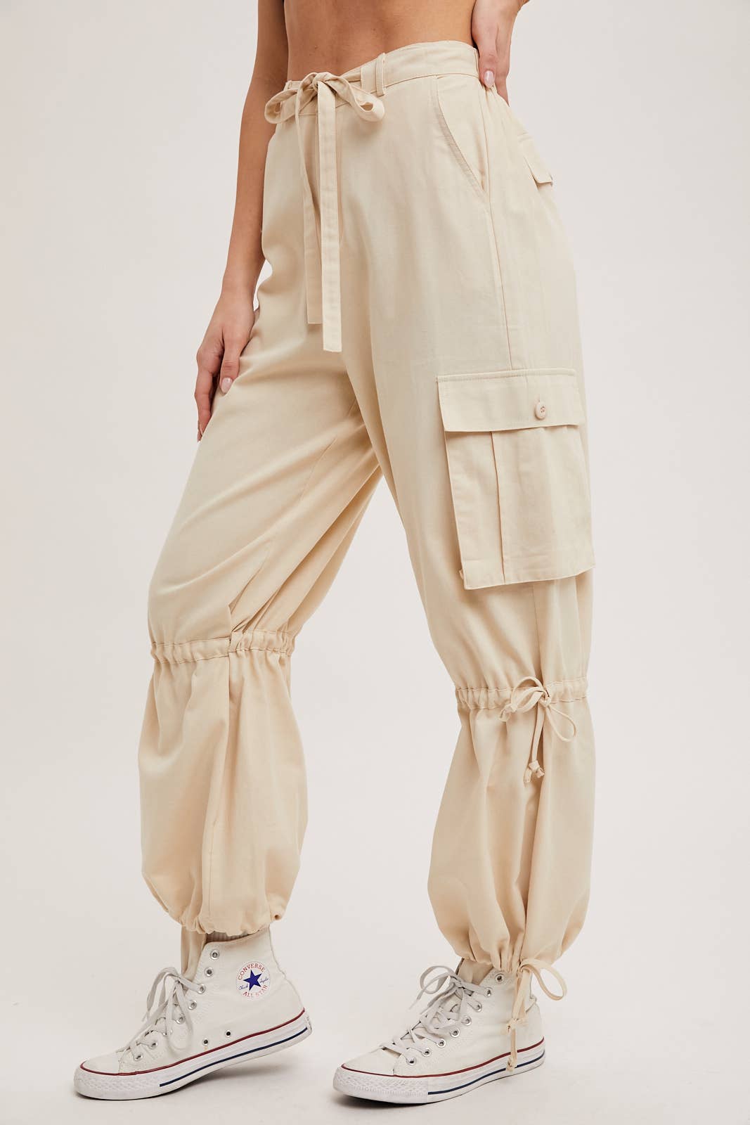 High-Rise Drawstring Cargo Wide Leg Pants