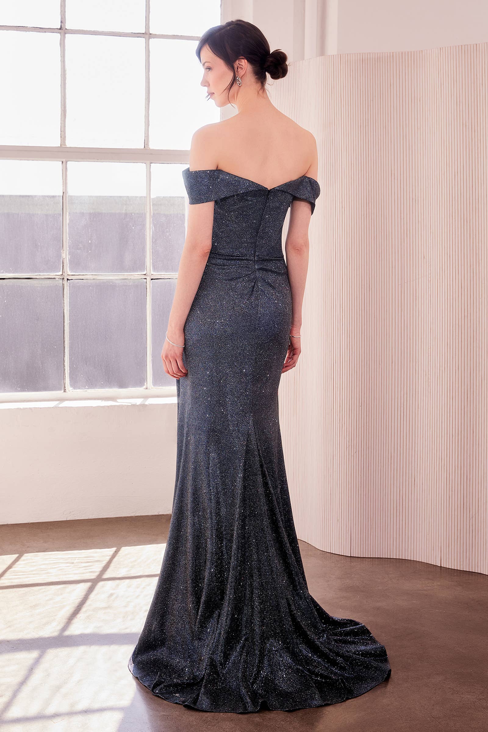 OFF THE SHOULDER METALLIC GOWN WITH LEG SLIT