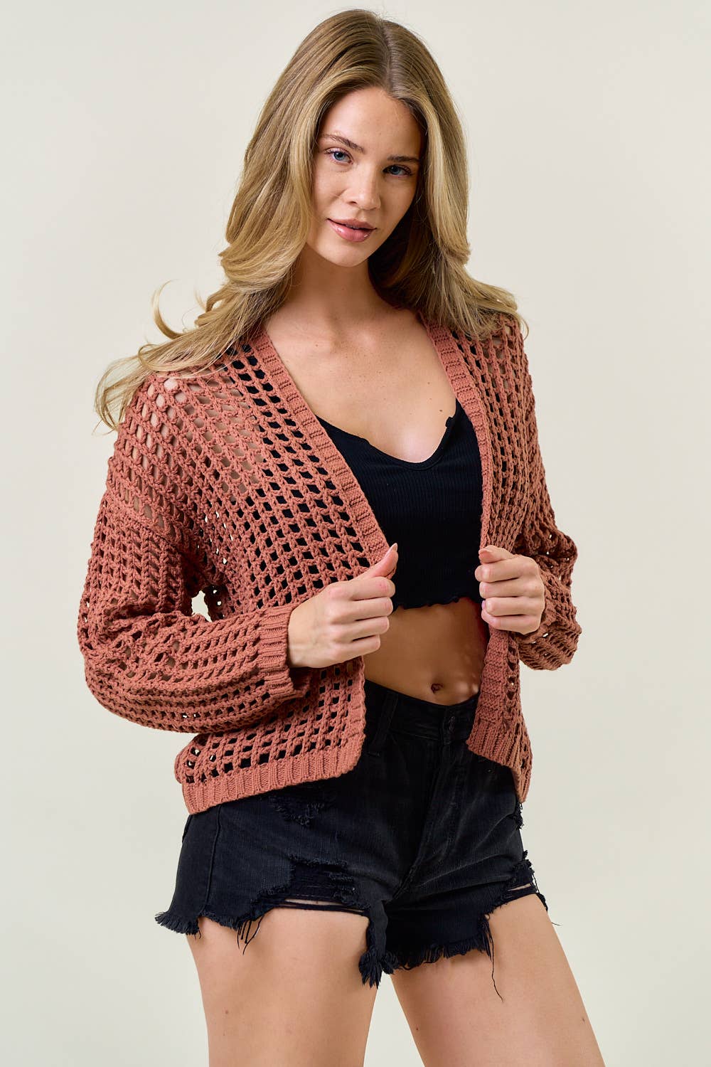 CROCHET FISHNET CROPPED OPEN CARDIGAN