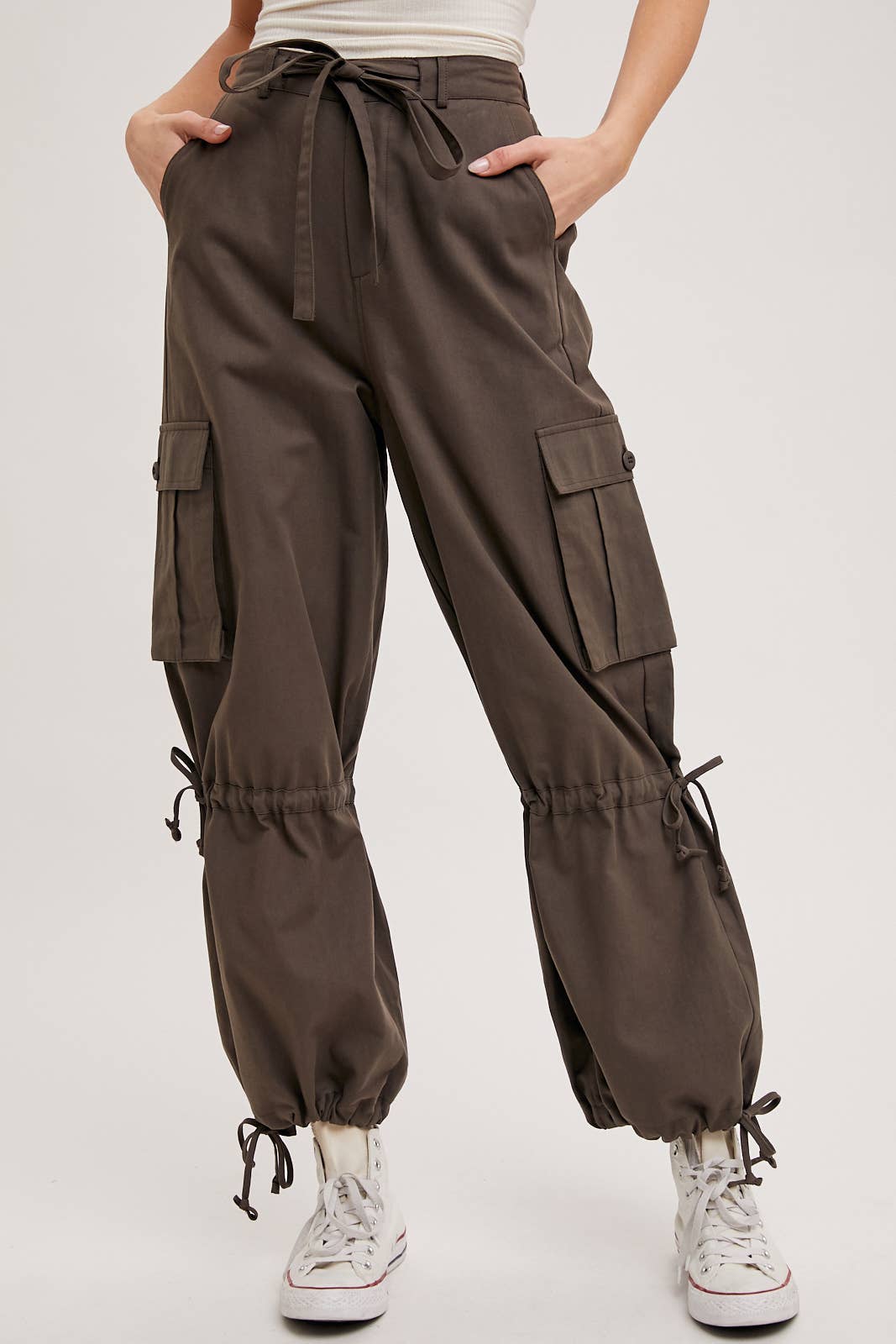 High-Rise Drawstring Cargo Wide Leg Pants
